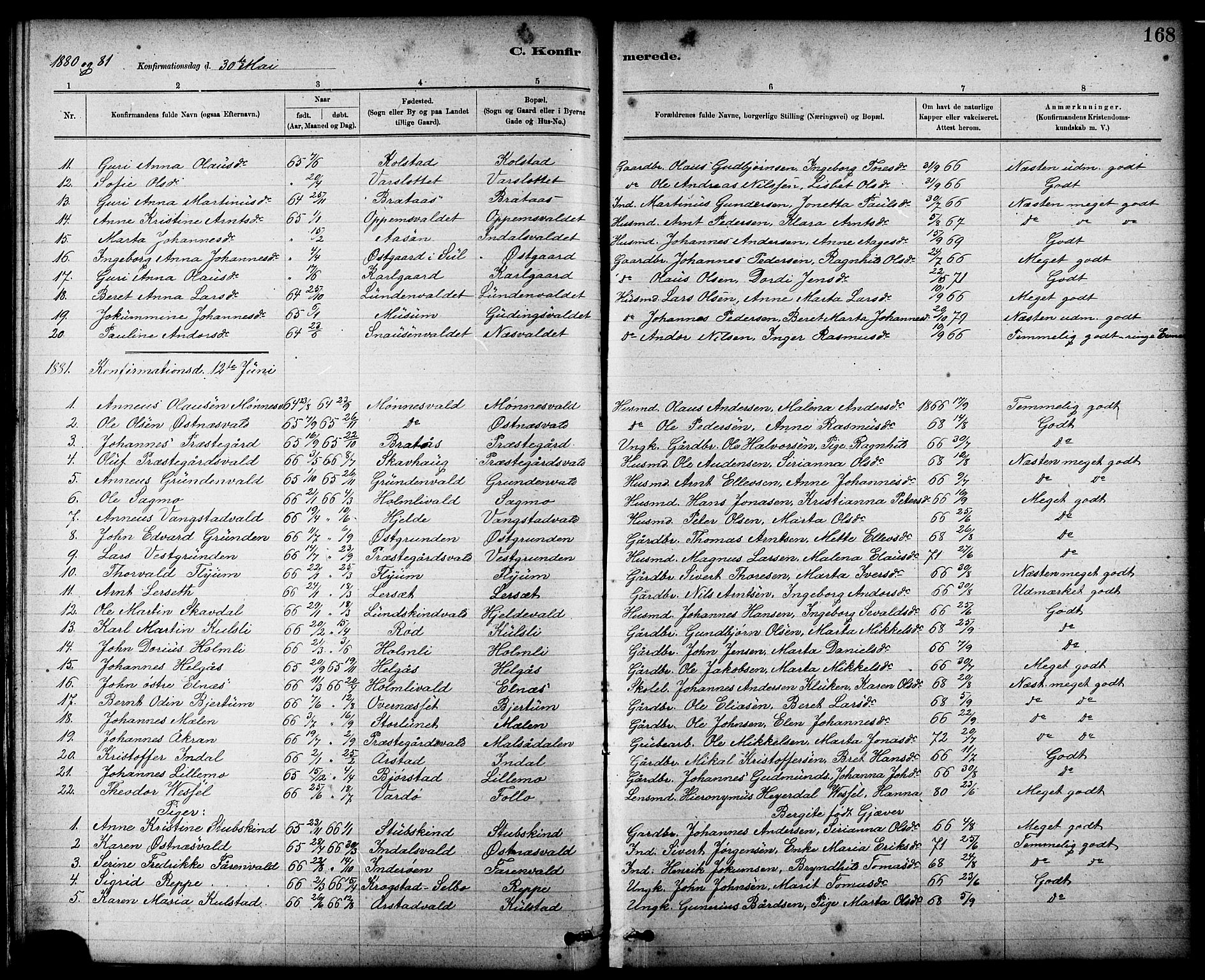 Ministerialprotokoller, klokkerbøker og fødselsregistre - Nord-Trøndelag, SAT/A-1458/724/L0267: Parish register (copy) no. 724C03, 1879-1898, p. 168