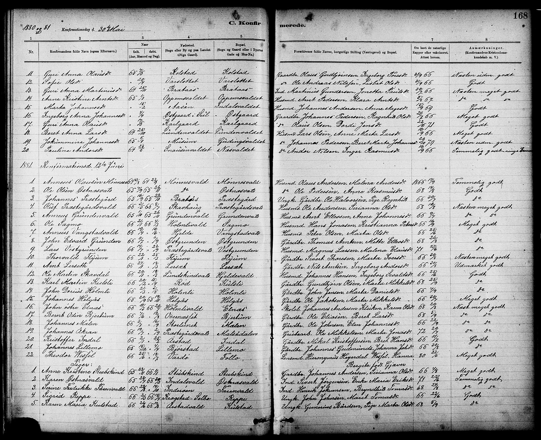 Ministerialprotokoller, klokkerbøker og fødselsregistre - Nord-Trøndelag, AV/SAT-A-1458/724/L0267: Parish register (copy) no. 724C03, 1879-1898, p. 168