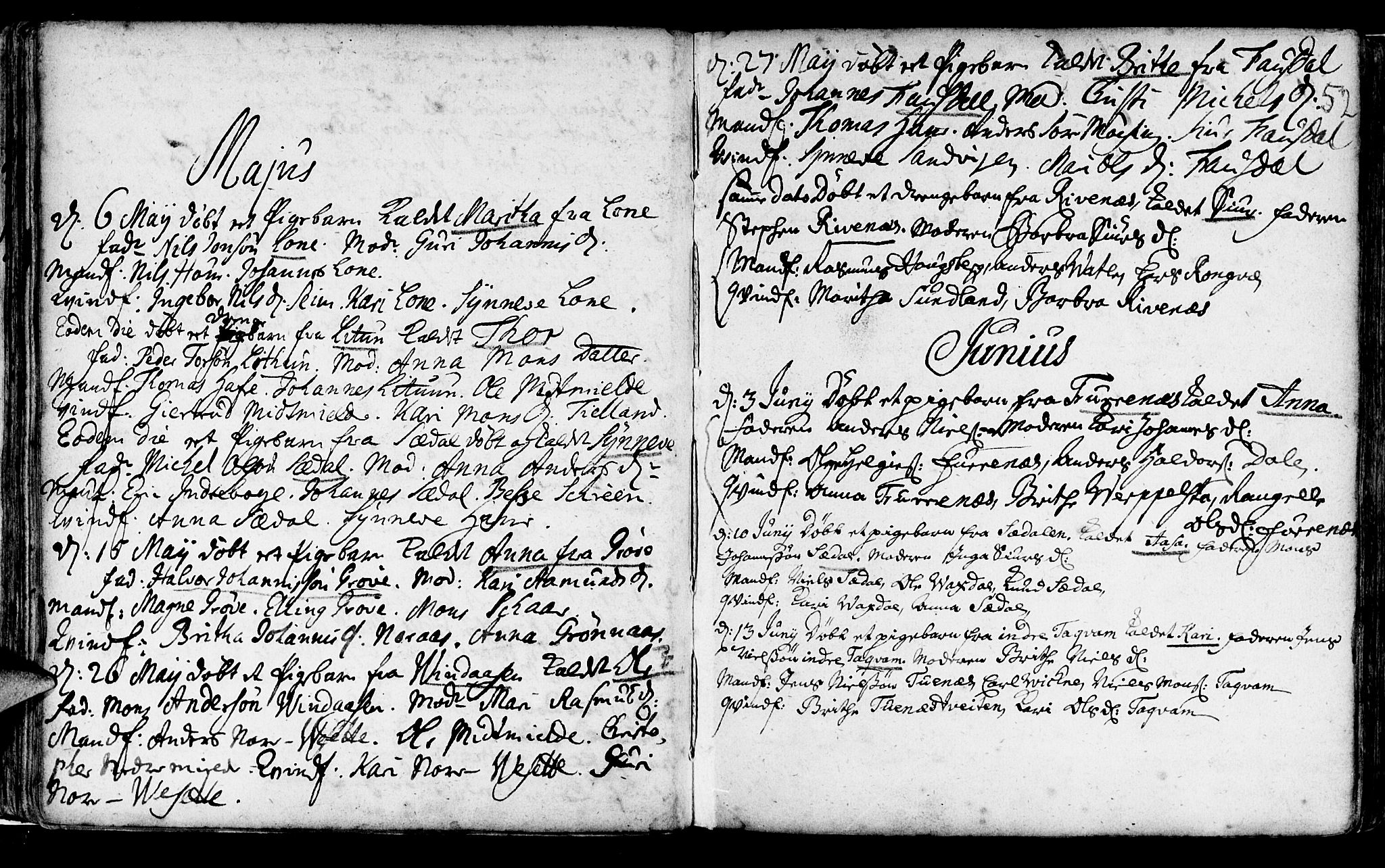 Haus sokneprestembete, AV/SAB-A-75601/H/Haa: Parish register (official) no. A 5, 1733-1747, p. 52