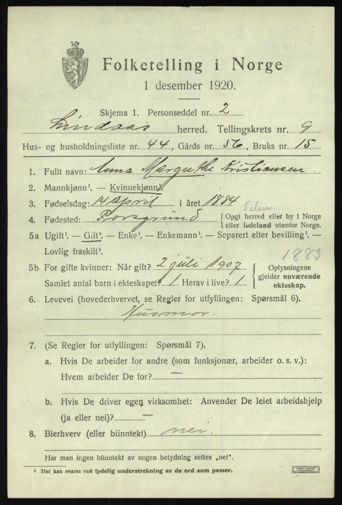 SAB, 1920 census for Lindås, 1920, p. 5325