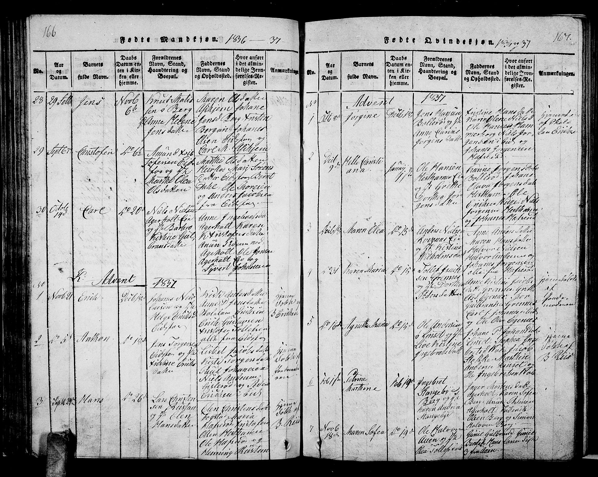 Hof kirkebøker, AV/SAKO-A-64/G/Ga/L0001: Parish register (copy) no. I 1, 1814-1844, p. 166-167