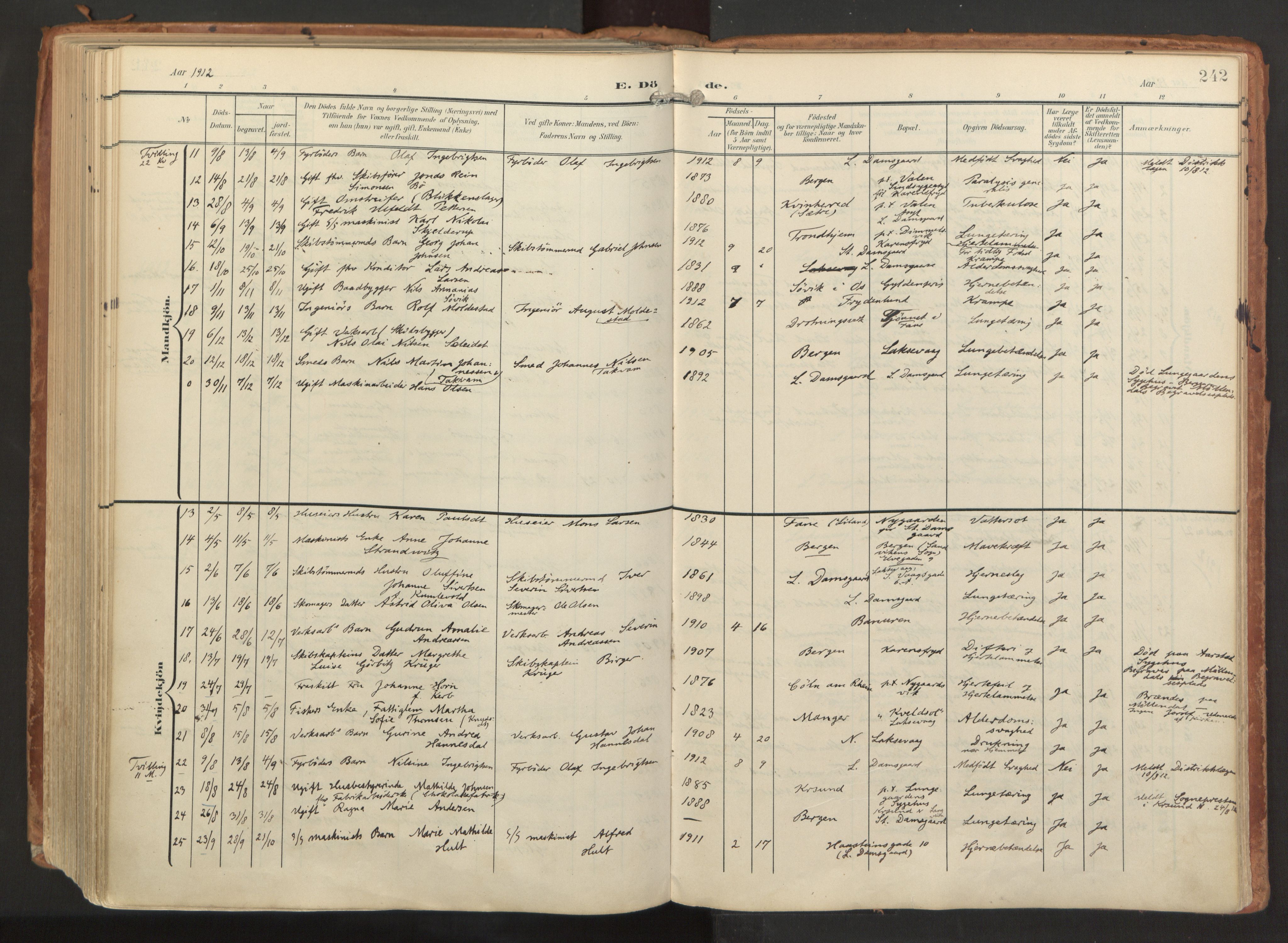 Laksevåg Sokneprestembete, AV/SAB-A-76501/H/Ha/Haa/Haaa/L0001: Parish register (official) no. A 1, 1903-1917, p. 242