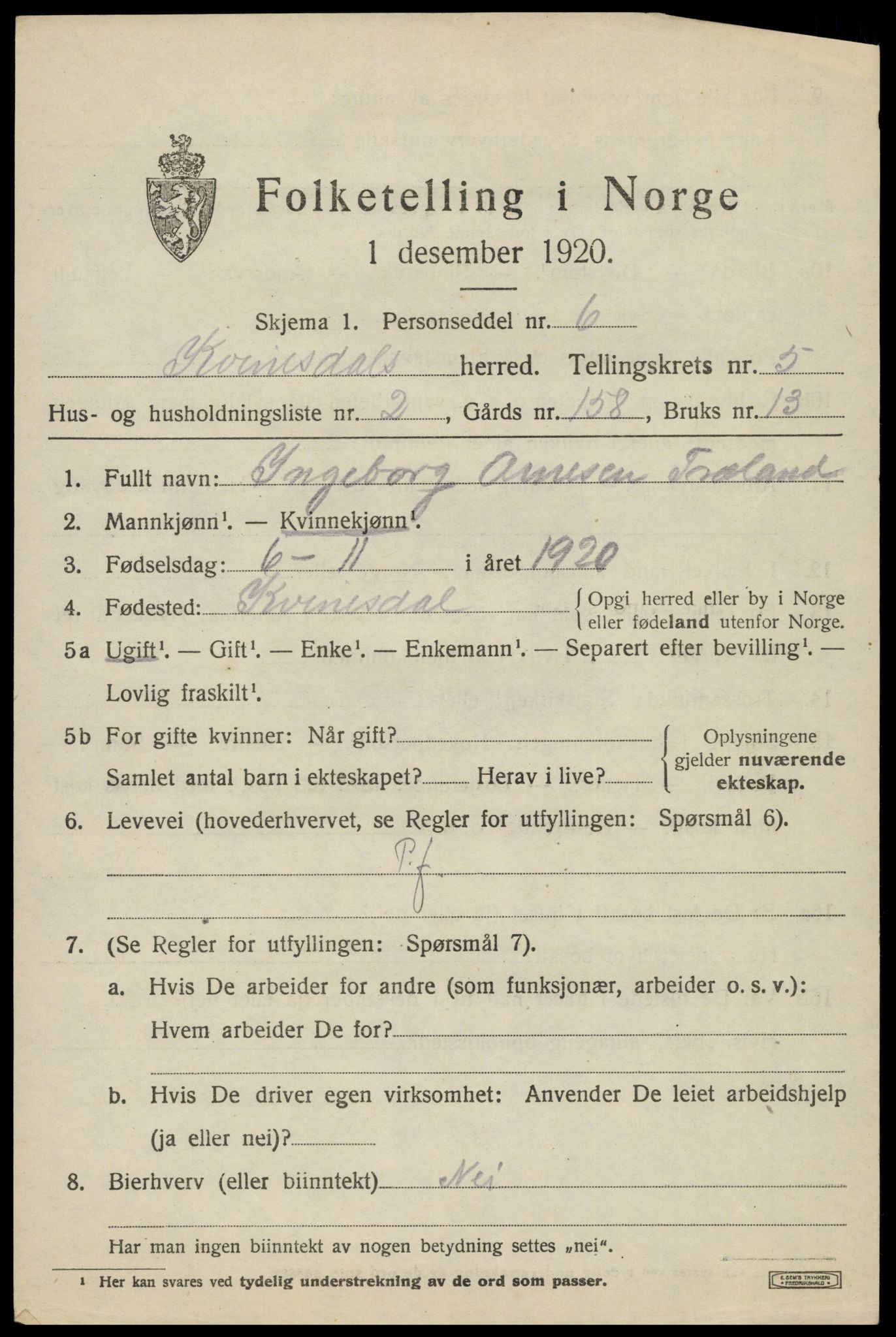 SAK, 1920 census for Kvinesdal, 1920, p. 5729