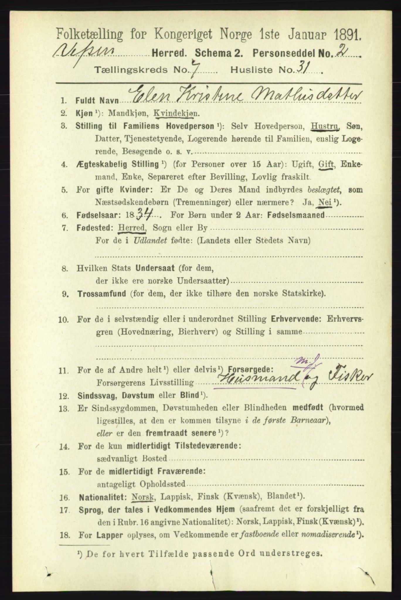 RA, 1891 census for 1824 Vefsn, 1891, p. 3891