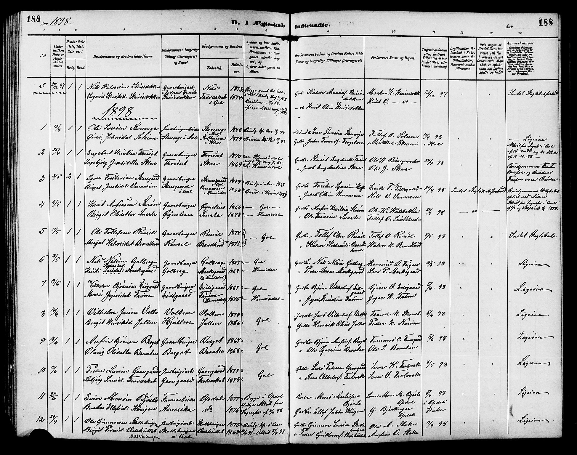 Gol kirkebøker, AV/SAKO-A-226/G/Ga/L0003: Parish register (copy) no. I 3, 1887-1914, p. 188