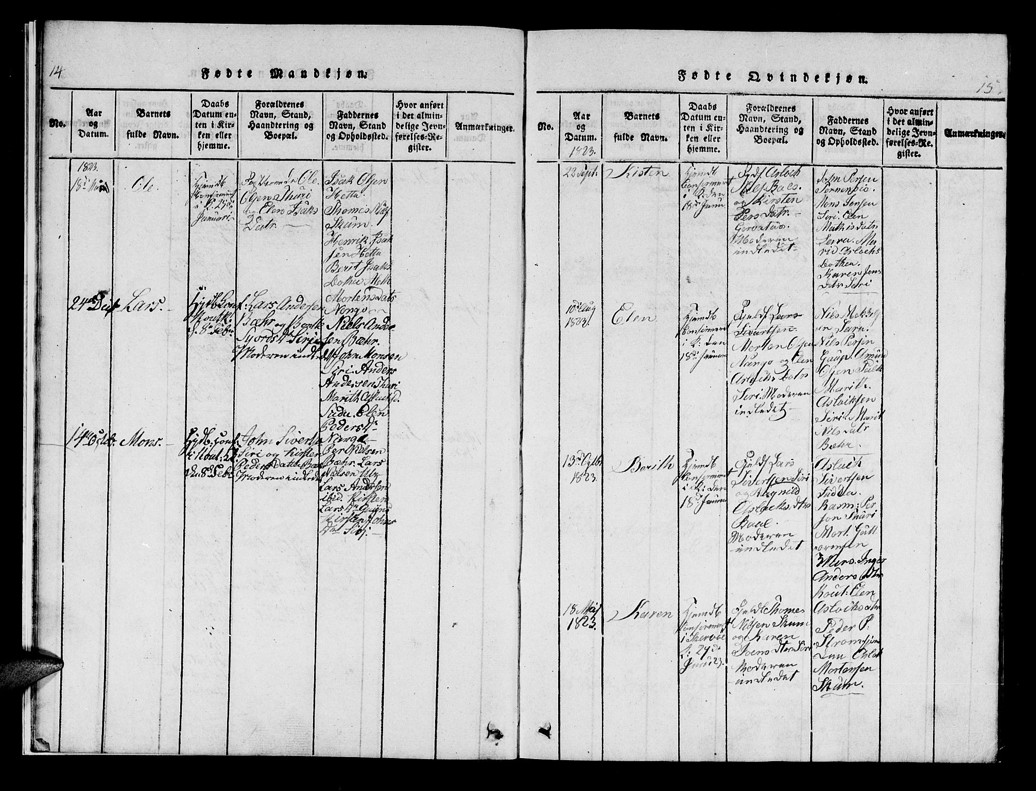 Kistrand/Porsanger sokneprestembete, AV/SATØ-S-1351/H/Hb/L0001.klokk: Parish register (copy) no. 1, 1821-1829, p. 14-15