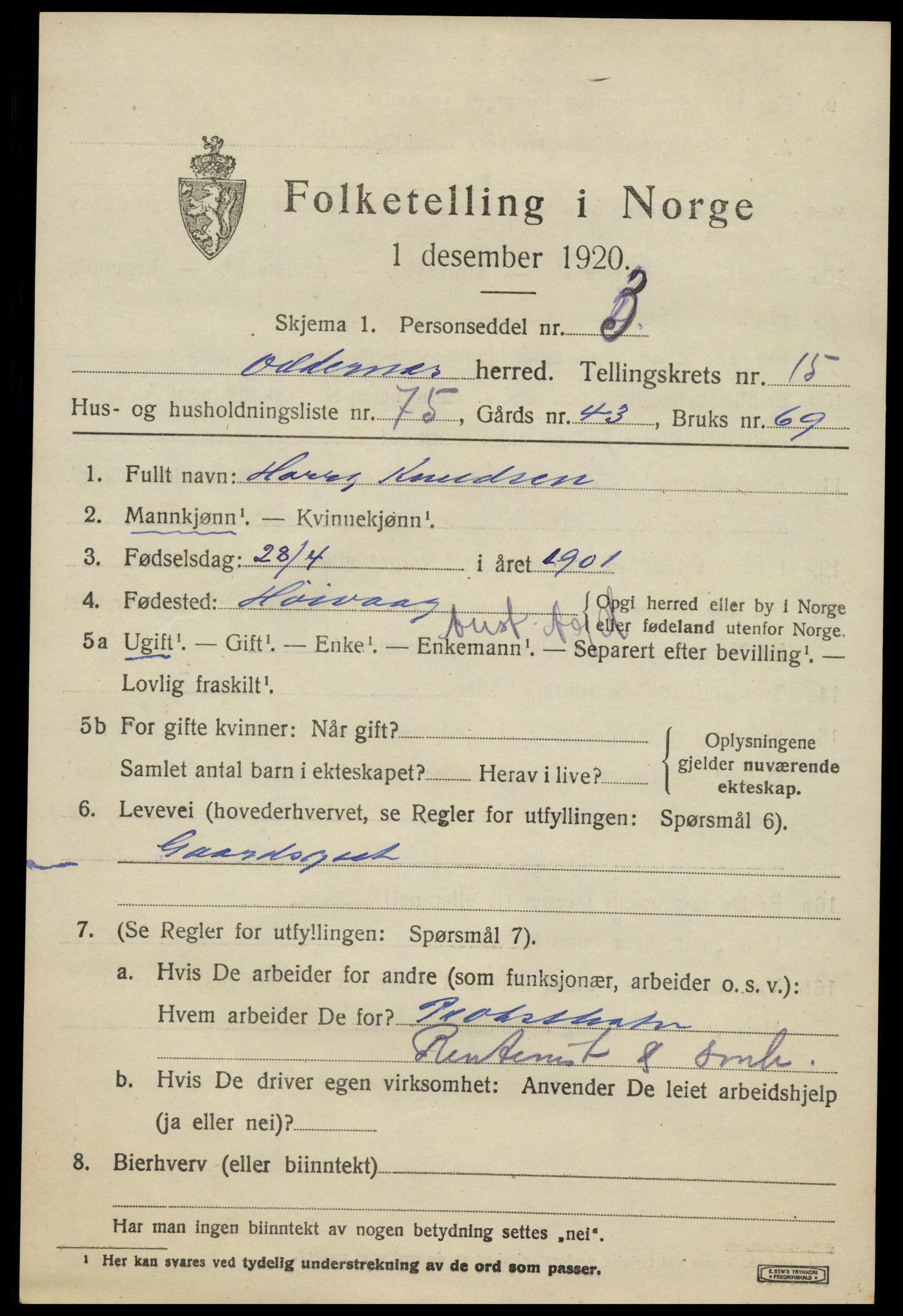 SAK, 1920 census for Oddernes, 1920, p. 11057