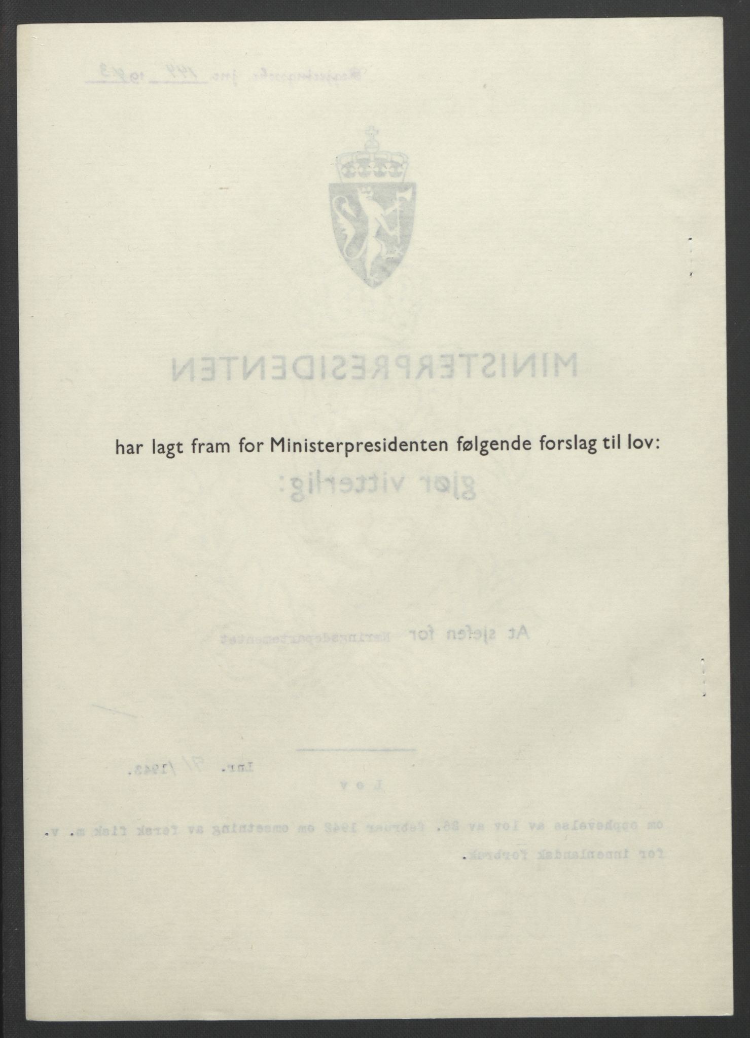 NS-administrasjonen 1940-1945 (Statsrådsekretariatet, de kommisariske statsråder mm), AV/RA-S-4279/D/Db/L0099: Lover, 1943, p. 325