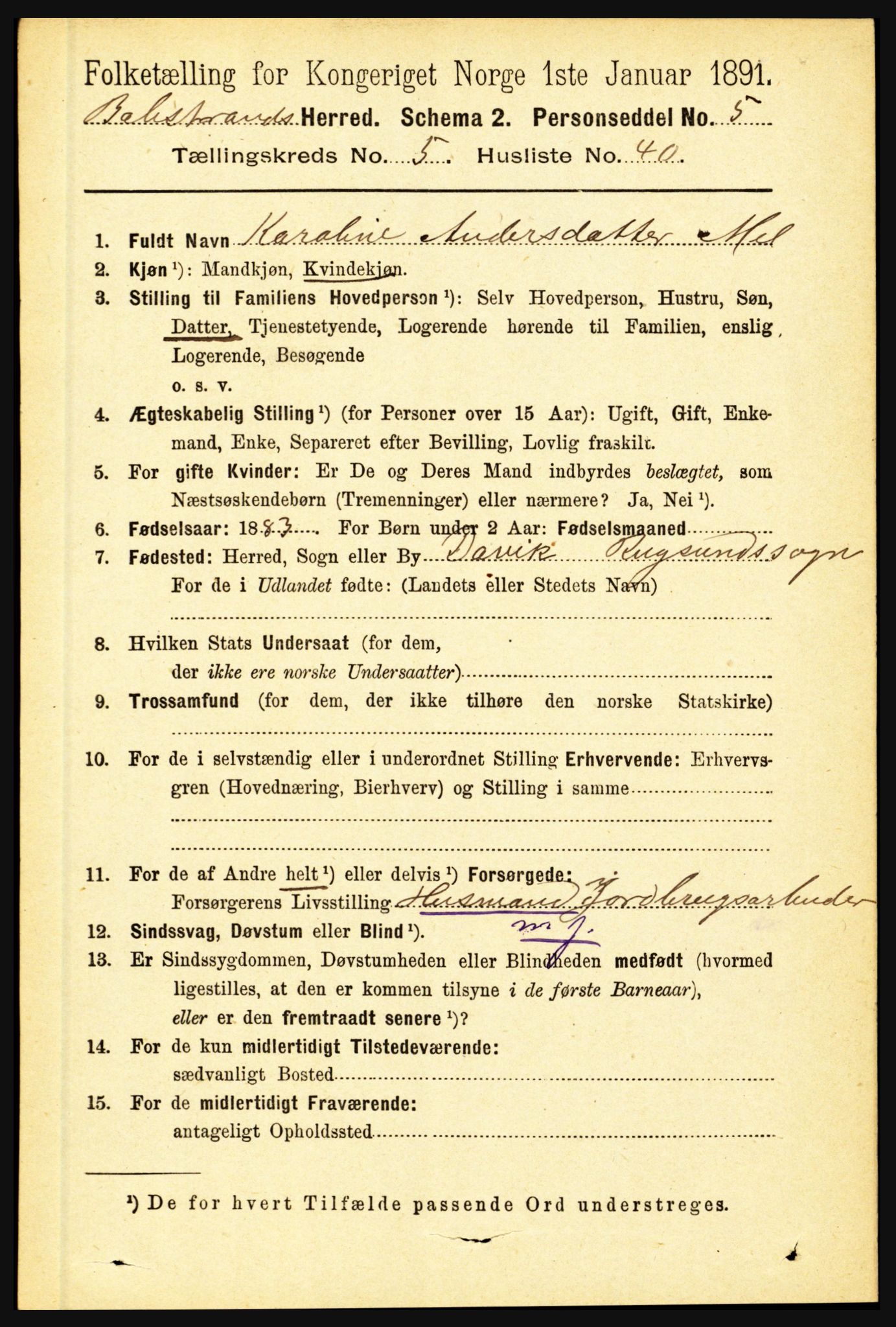 RA, 1891 census for 1418 Balestrand, 1891, p. 1330
