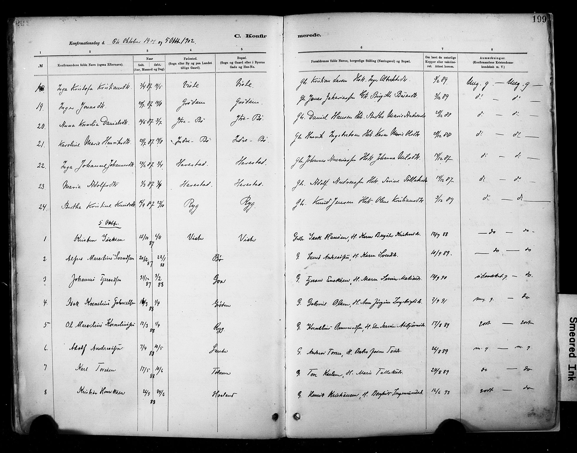 Hetland sokneprestkontor, SAST/A-101826/30/30BA/L0009: Parish register (official) no. A 9, 1882-1918, p. 199