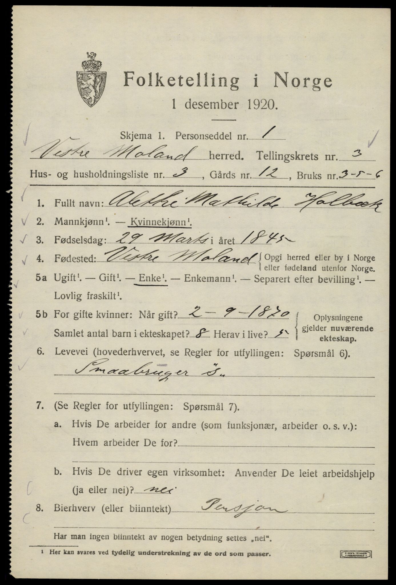 SAK, 1920 census for Vestre Moland, 1920, p. 3351