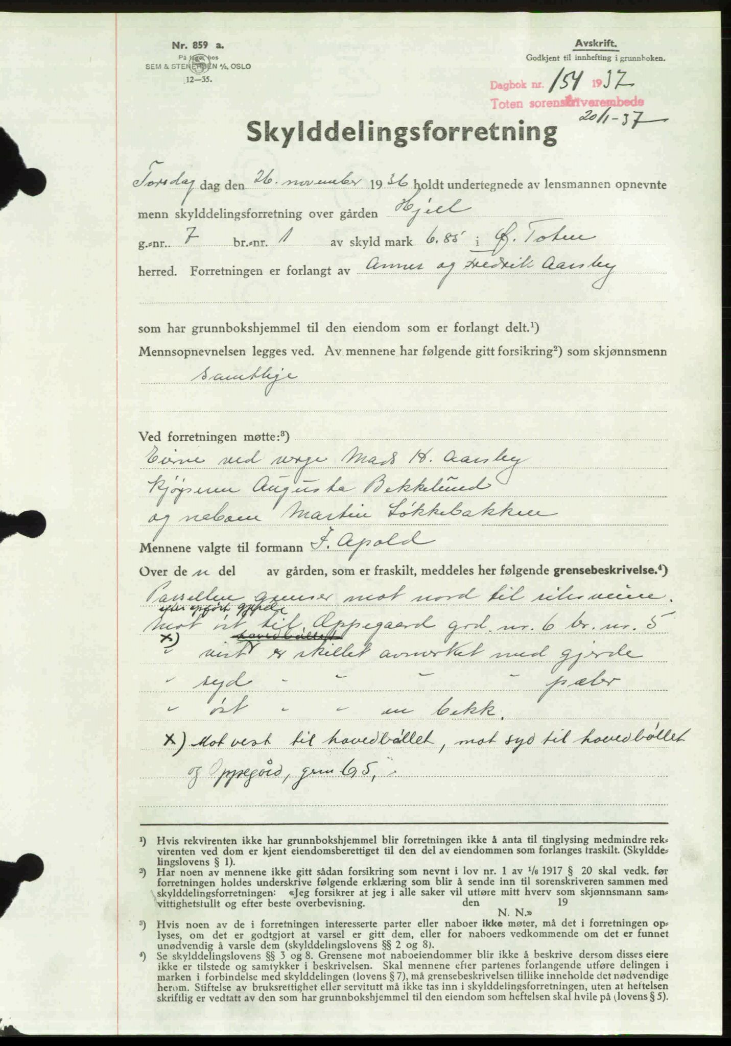 Toten tingrett, AV/SAH-TING-006/H/Hb/Hbc/L0002: Mortgage book no. Hbc-02, 1936-1937, Diary no: : 154/1937