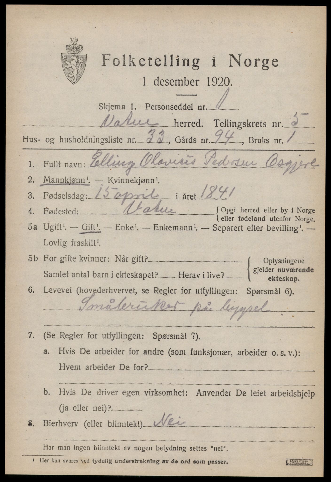 SAT, 1920 census for Vatne, 1920, p. 2652