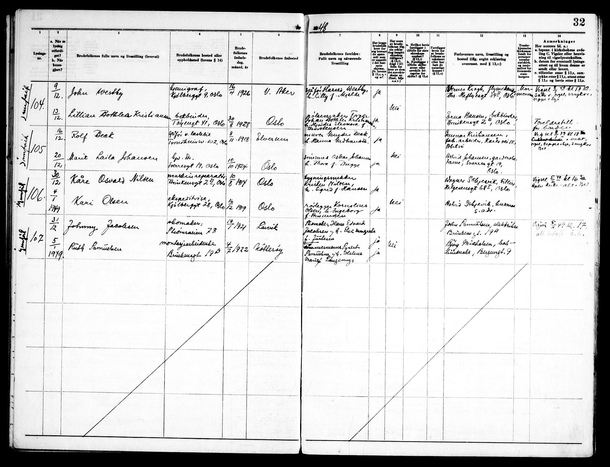 Kampen prestekontor Kirkebøker, AV/SAO-A-10853/H/Ha/L0008: Banns register no. 8, 1946-1956, p. 32