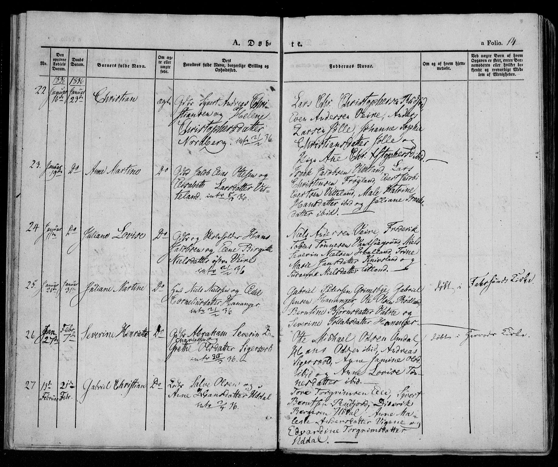 Lista sokneprestkontor, AV/SAK-1111-0027/F/Fa/L0009: Parish register (official) no. A 9, 1835-1846, p. 14