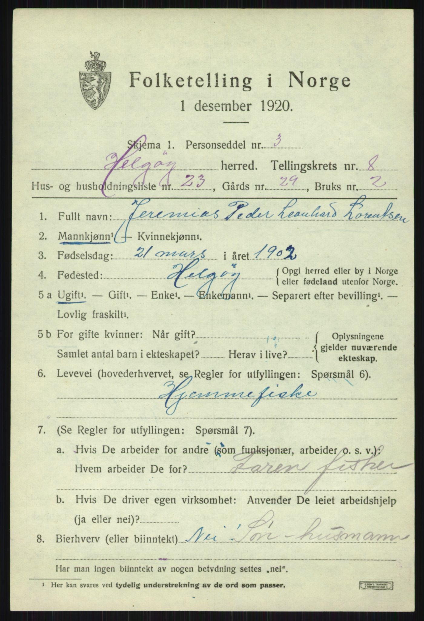 SATØ, 1920 census for Helgøy, 1920, p. 3196