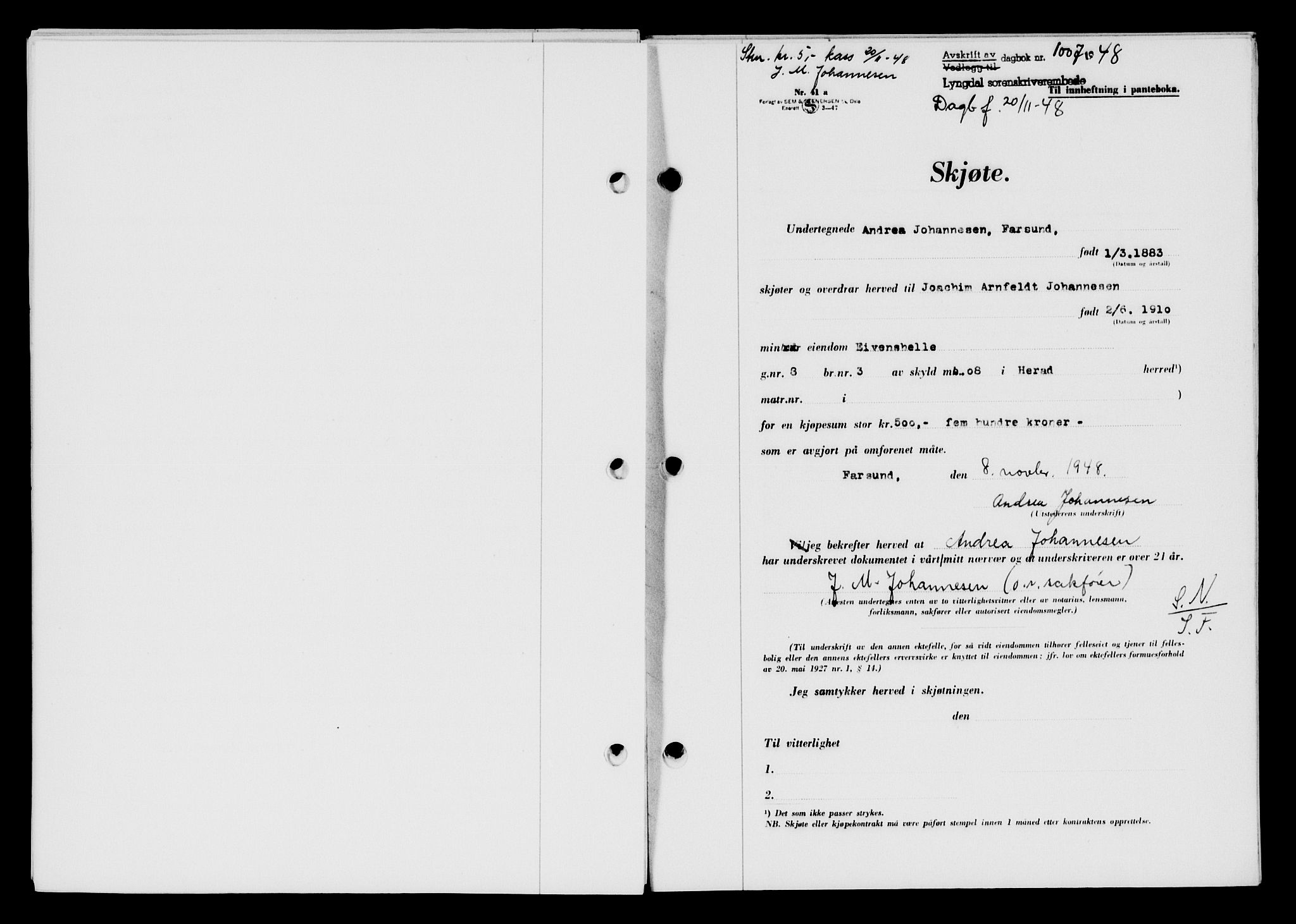 Lyngdal sorenskriveri, AV/SAK-1221-0004/G/Gb/L0663: Mortgage book no. A IX, 1948-1949, Diary no: : 1007/1948