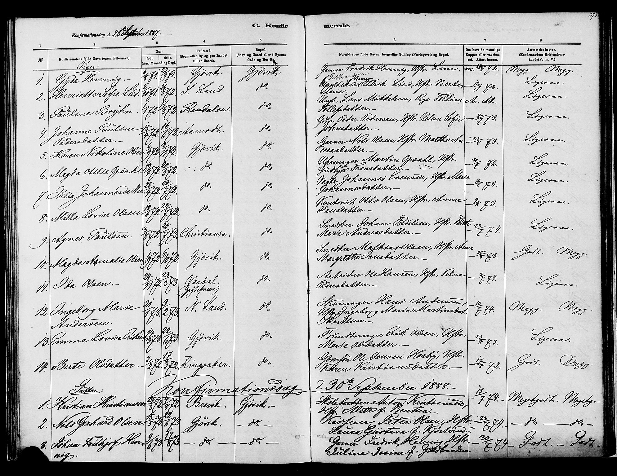Vardal prestekontor, SAH/PREST-100/H/Ha/Haa/L0008: Parish register (official) no. 8, 1878-1890, p. 273