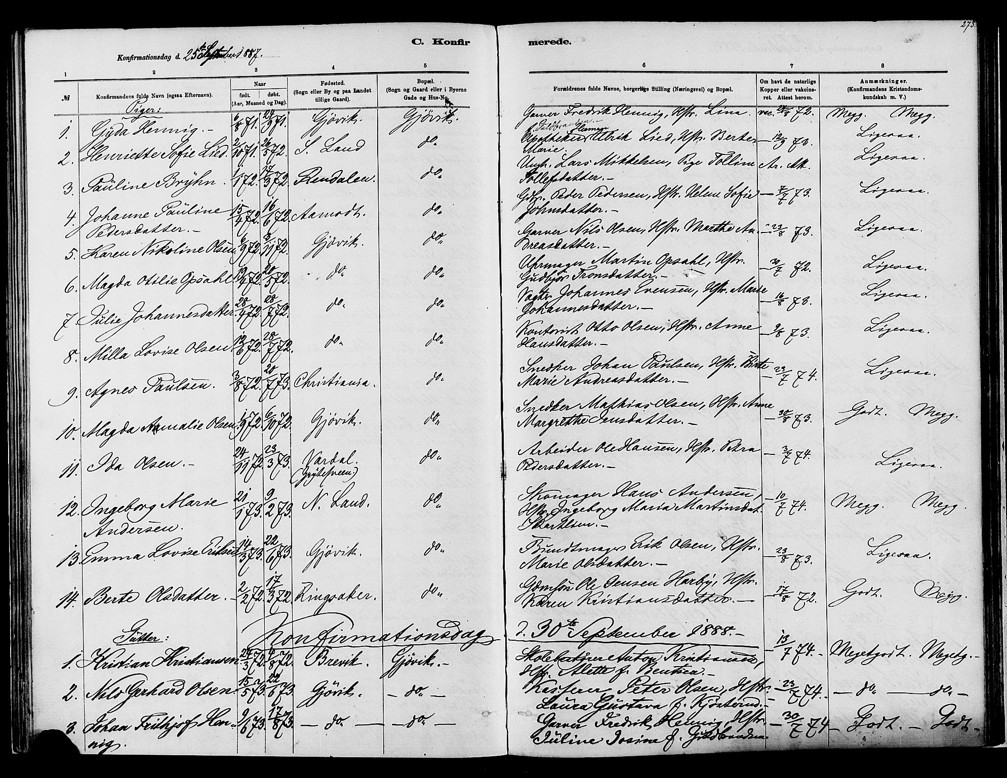 Vardal prestekontor, AV/SAH-PREST-100/H/Ha/Haa/L0008: Parish register (official) no. 8, 1878-1890, p. 273