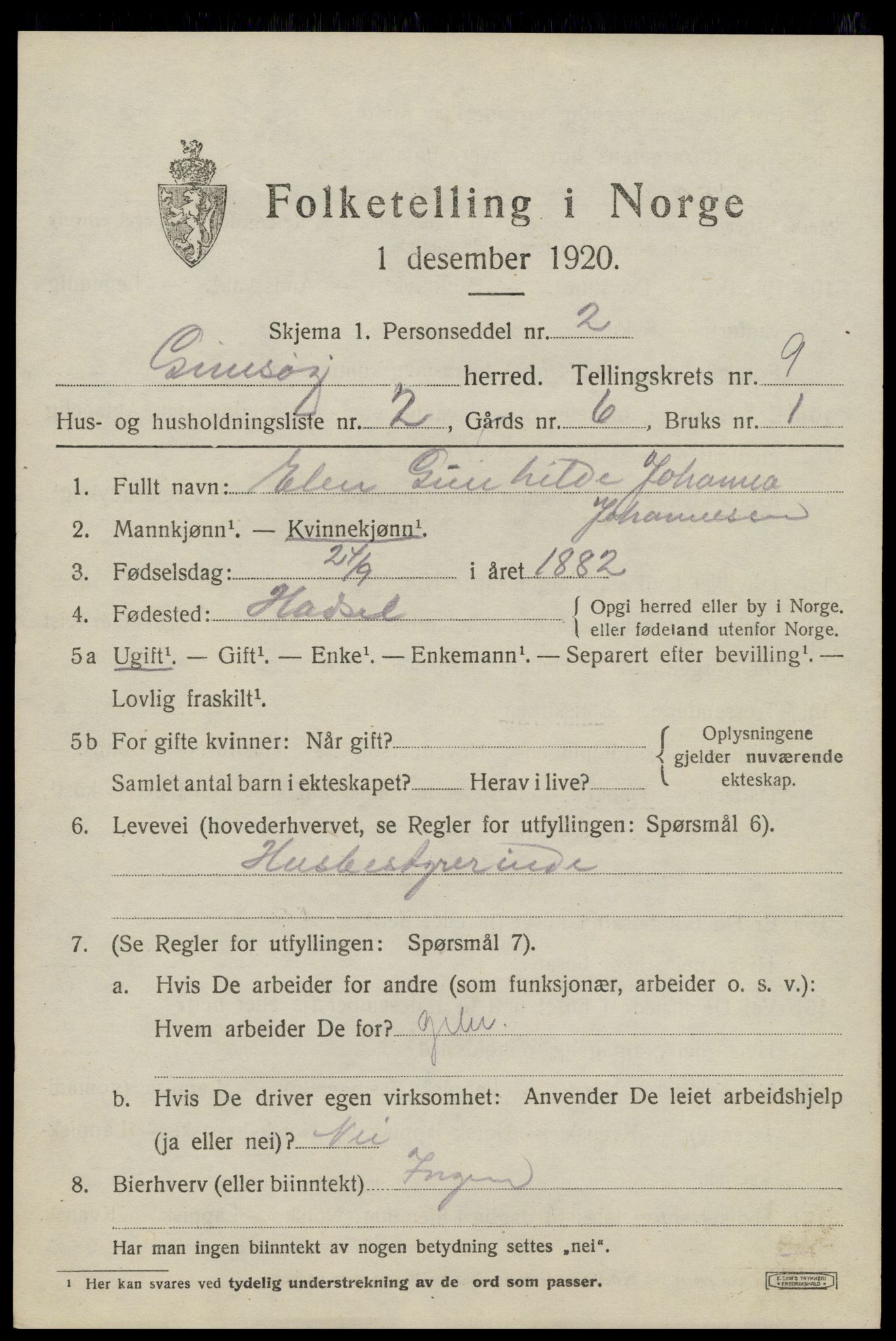 SAT, 1920 census for Gimsøy, 1920, p. 3567