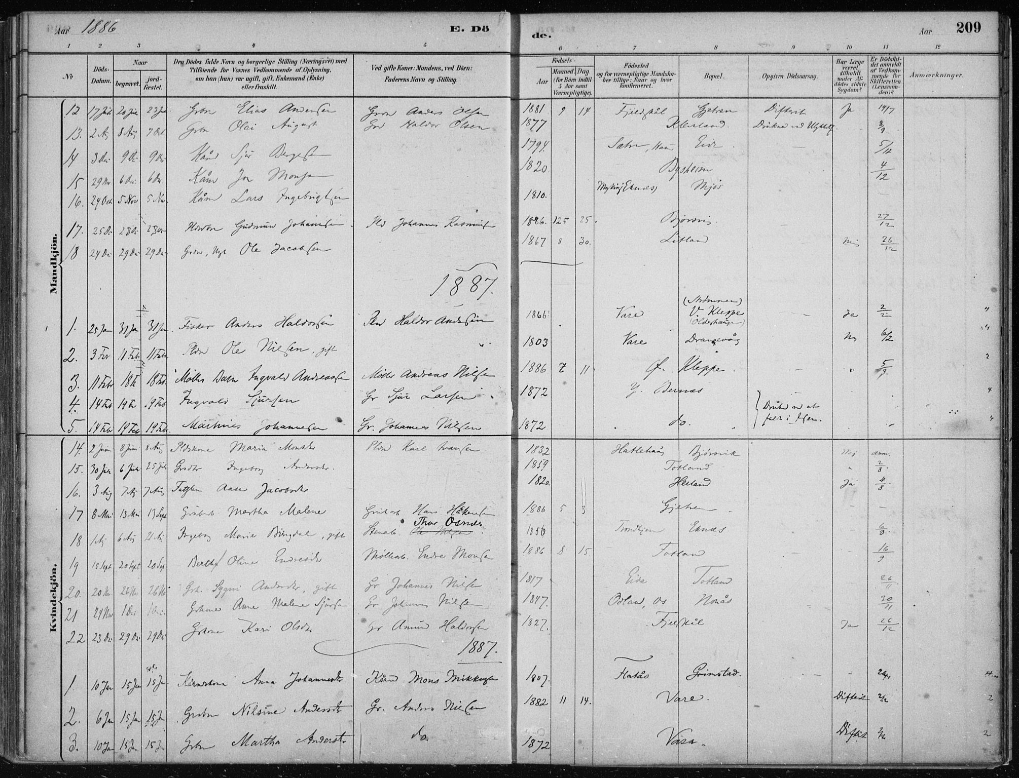 Hosanger sokneprestembete, SAB/A-75801/H/Haa: Parish register (official) no. B  1, 1880-1896, p. 209