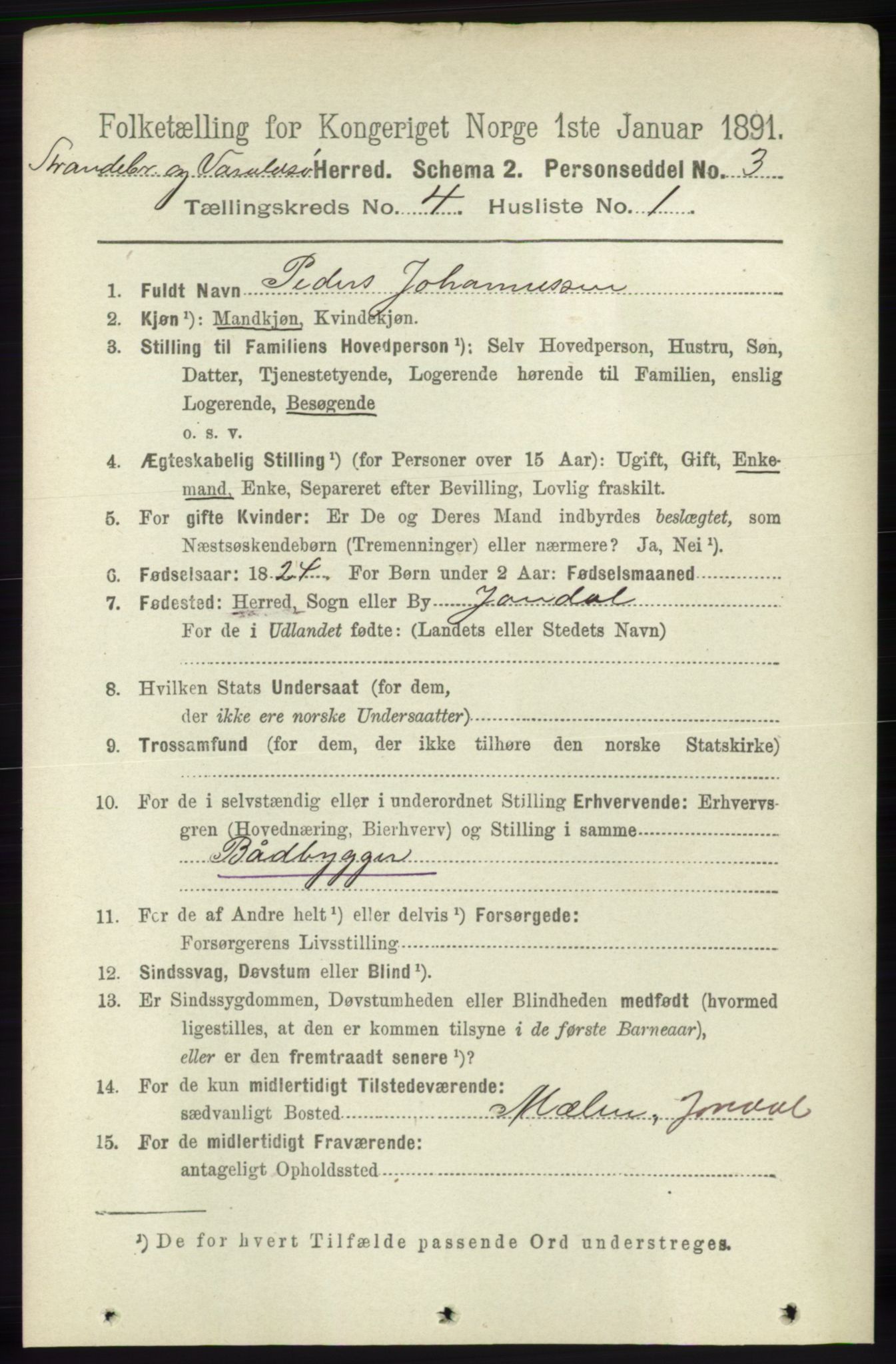 RA, 1891 census for 1226 Strandebarm og Varaldsøy, 1891, p. 1447