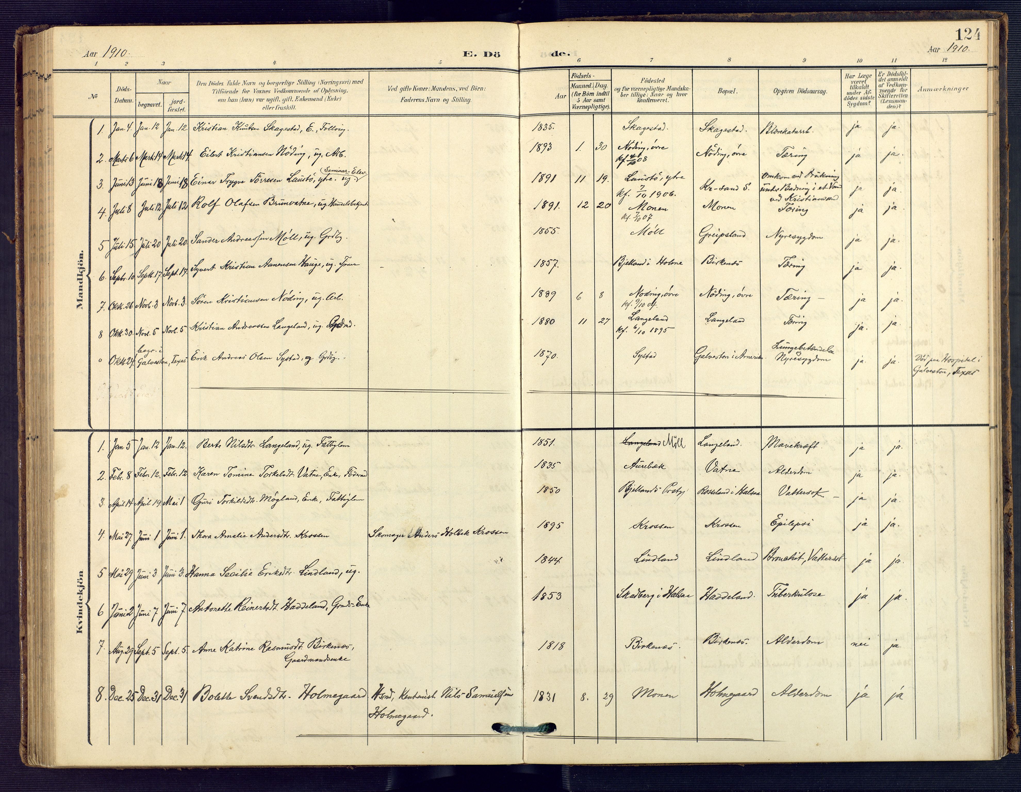 Holum sokneprestkontor, SAK/1111-0022/F/Fa/Faa/L0008: Parish register (official) no. A 8, 1908-1929, p. 124