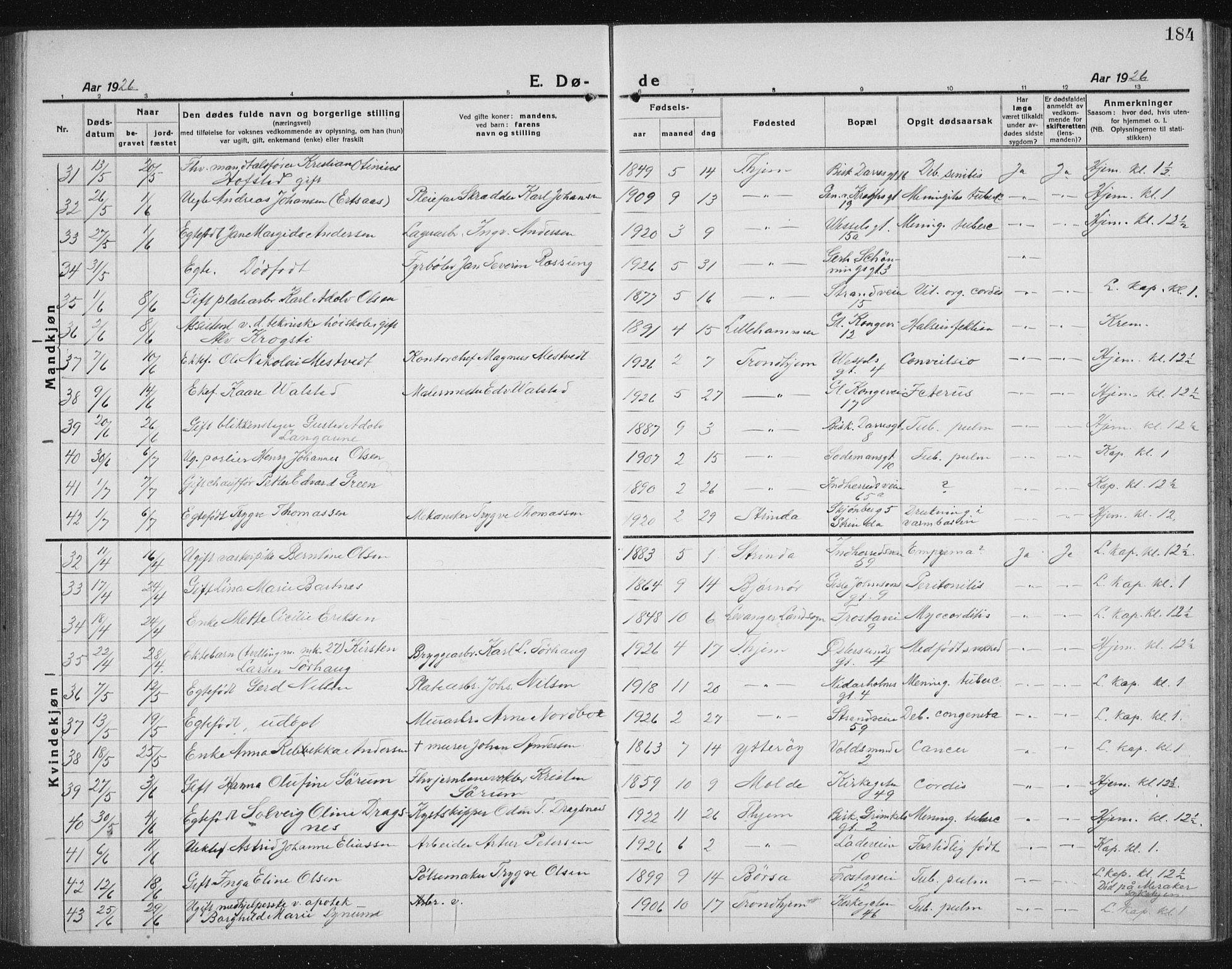 Ministerialprotokoller, klokkerbøker og fødselsregistre - Sør-Trøndelag, AV/SAT-A-1456/605/L0260: Parish register (copy) no. 605C07, 1922-1942, p. 184