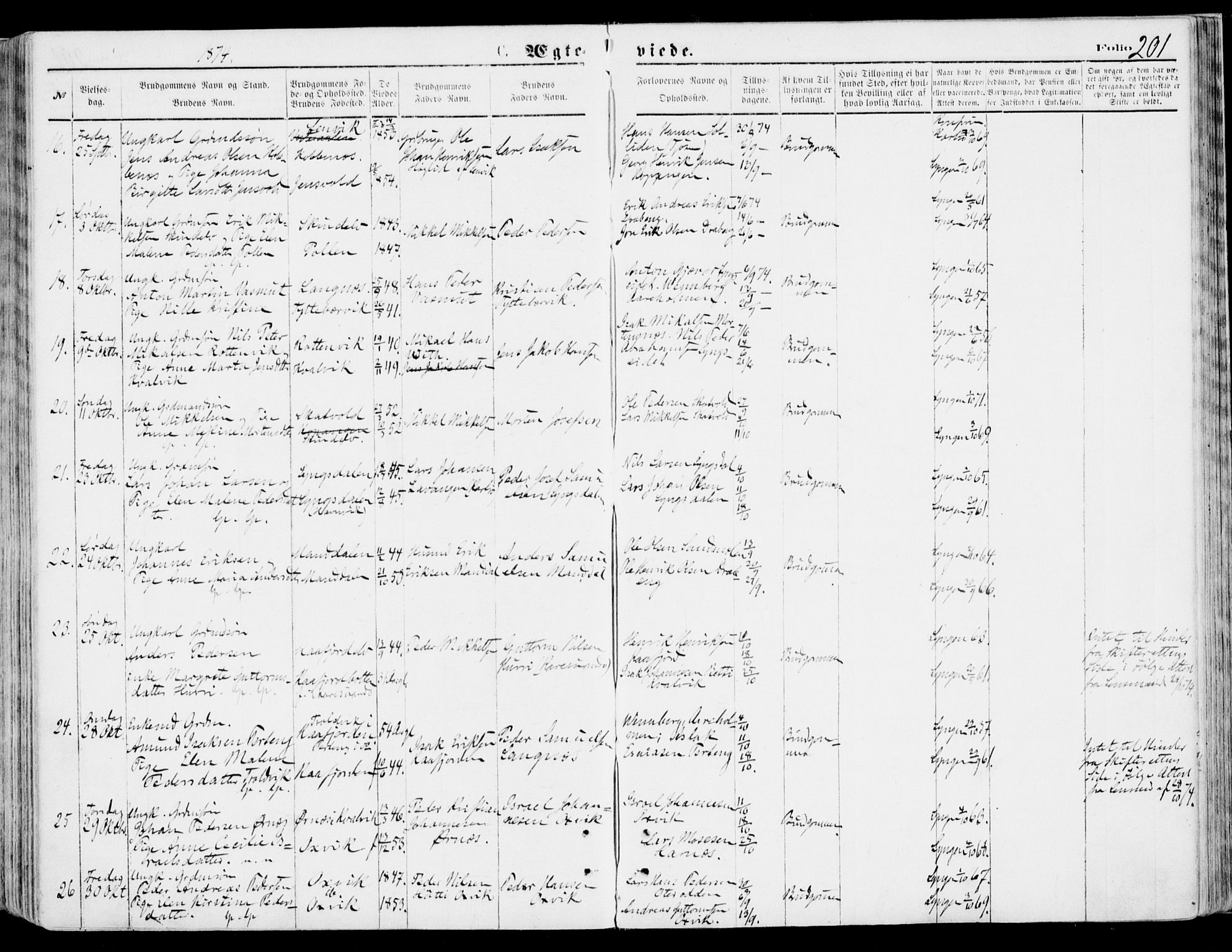 Lyngen sokneprestembete, SATØ/S-1289/H/He/Hea/L0006kirke: Parish register (official) no. 6, 1870-1878, p. 201