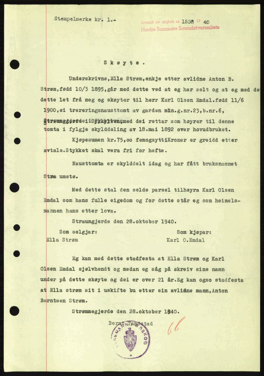 Nordre Sunnmøre sorenskriveri, AV/SAT-A-0006/1/2/2C/2Ca: Mortgage book no. A10, 1940-1941, Diary no: : 1538/1940