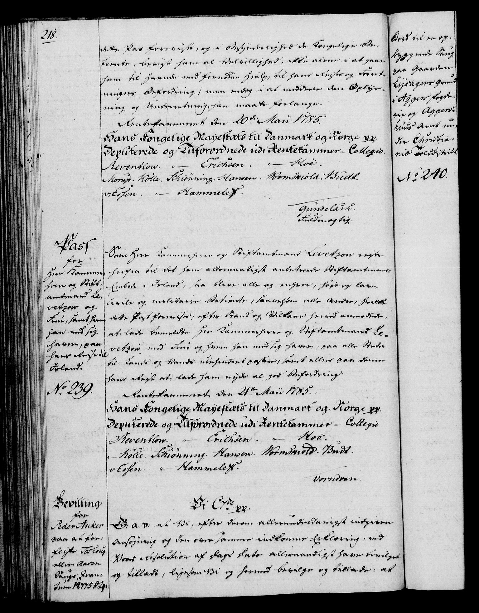 Rentekammeret, Kammerkanselliet, RA/EA-3111/G/Gg/Gga/L0013: Norsk ekspedisjonsprotokoll med register (merket RK 53.13), 1784-1787, p. 218