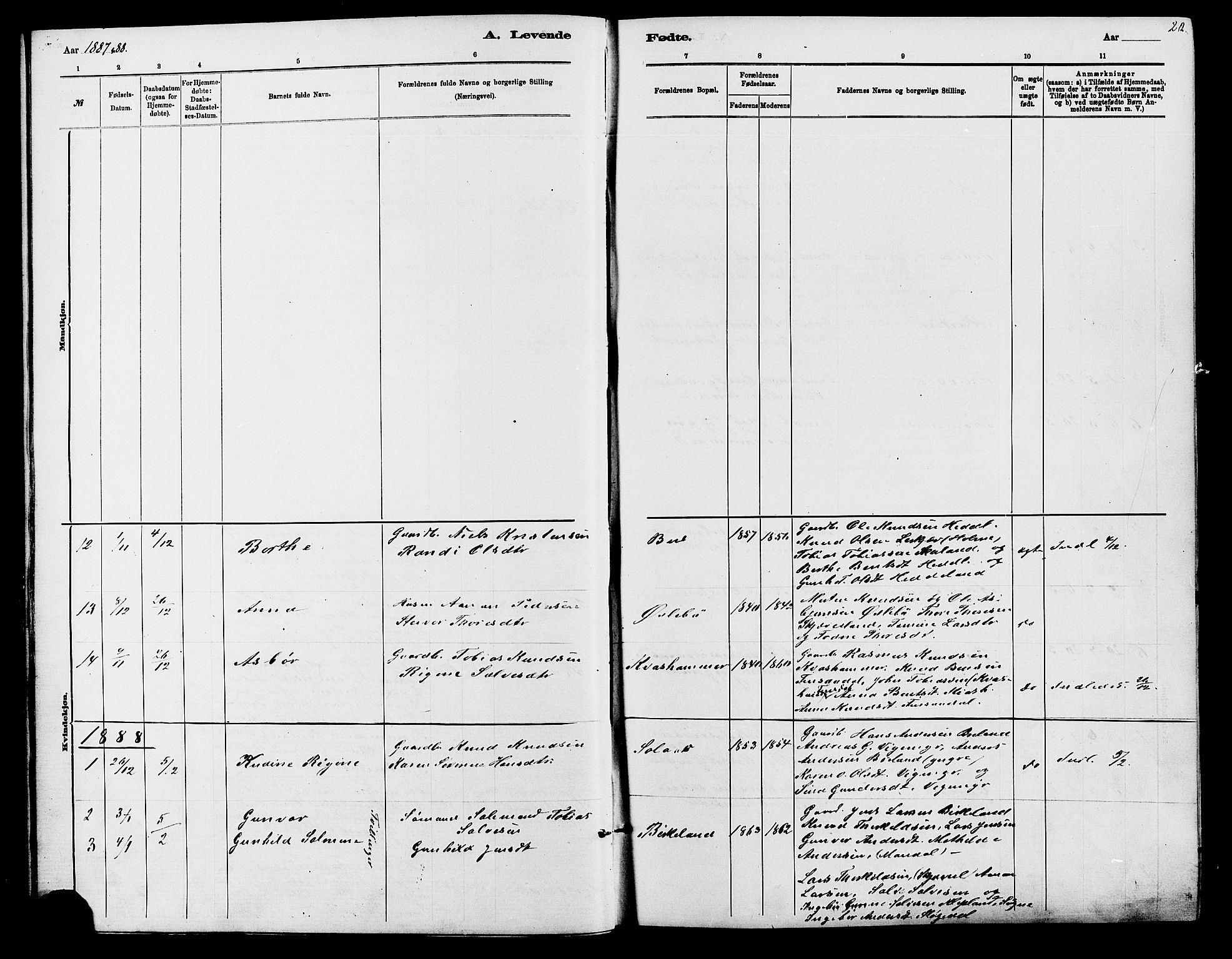 Holum sokneprestkontor, AV/SAK-1111-0022/F/Fb/Fbc/L0003: Parish register (copy) no. B 3, 1882-1908, p. 20