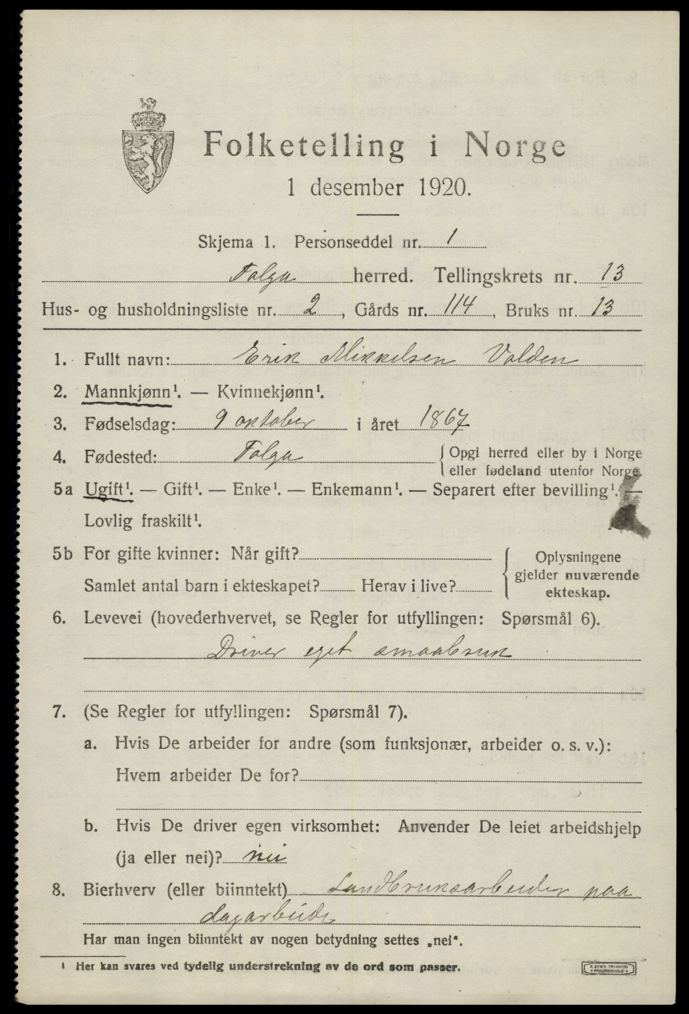 SAH, 1920 census for Tolga, 1920, p. 5821