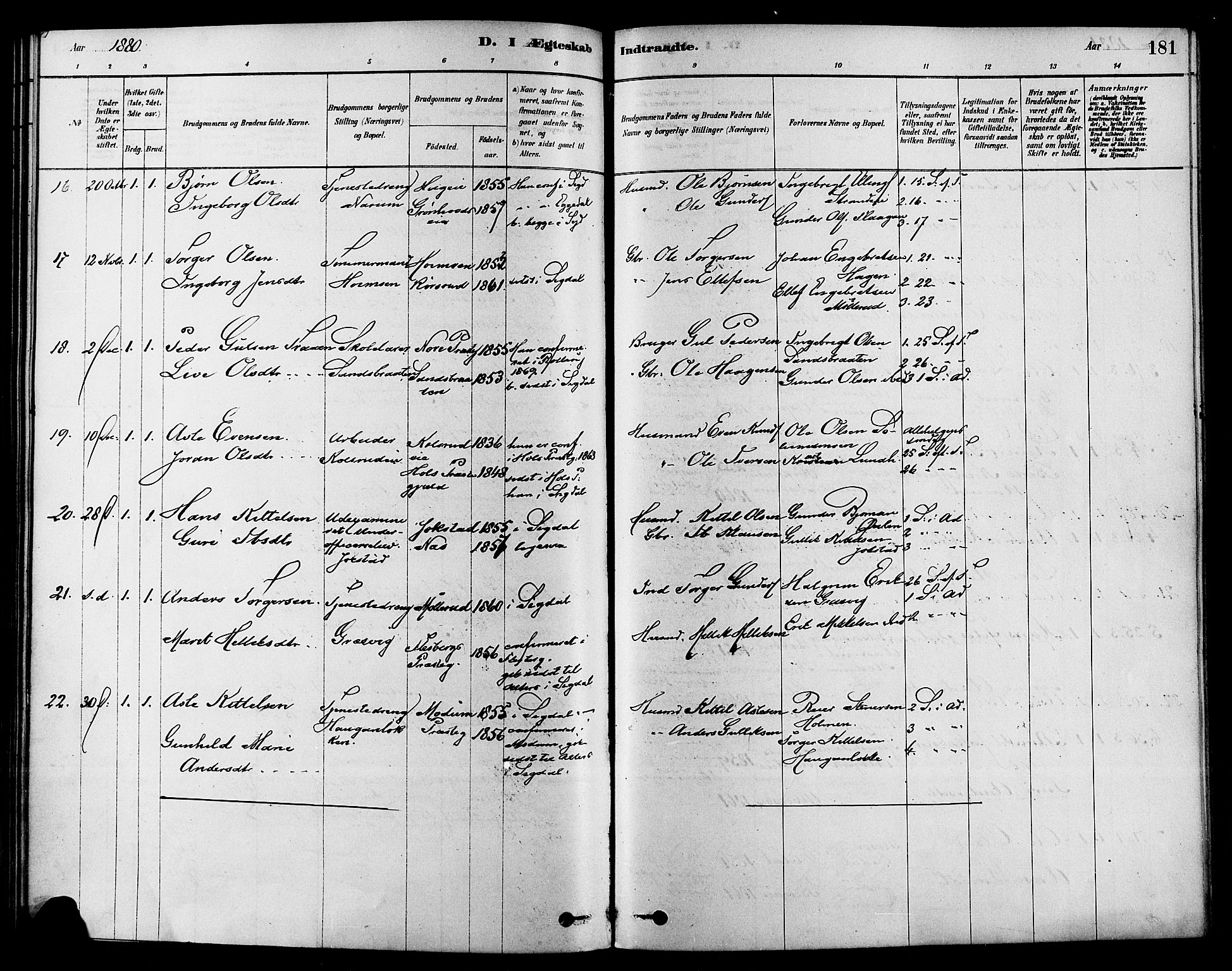 Sigdal kirkebøker, SAKO/A-245/F/Fa/L0011: Parish register (official) no. I 11, 1879-1887, p. 181