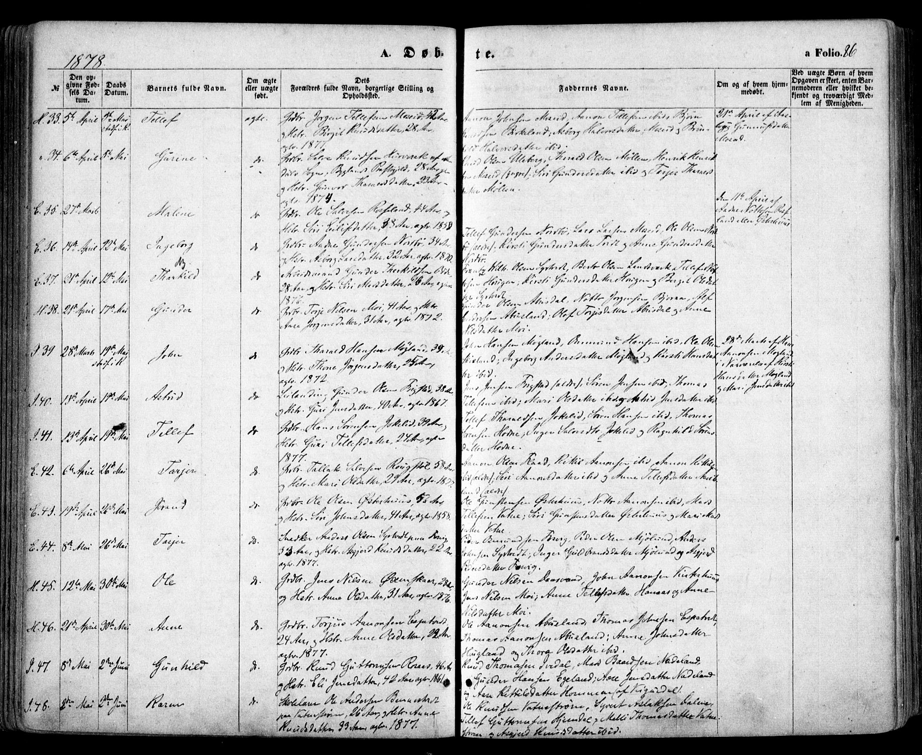 Evje sokneprestkontor, AV/SAK-1111-0008/F/Fa/Faa/L0006: Parish register (official) no. A 6, 1866-1884, p. 86