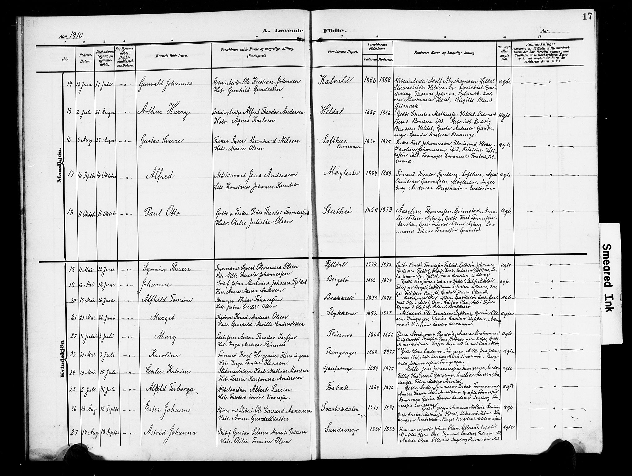 Vestre Moland sokneprestkontor, AV/SAK-1111-0046/F/Fb/Fbb/L0007: Parish register (copy) no. B 7, 1906-1929, p. 17