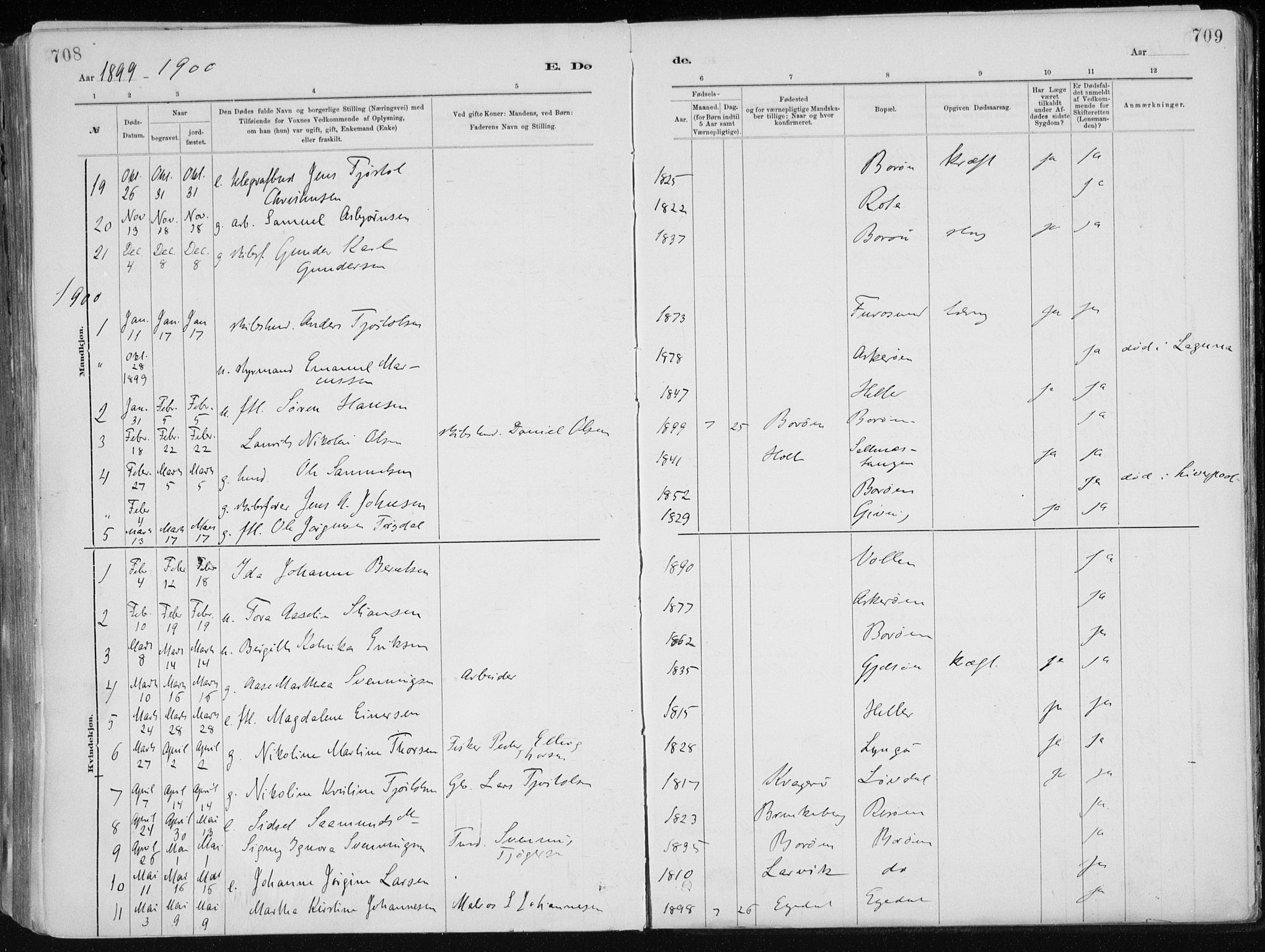 Dypvåg sokneprestkontor, SAK/1111-0007/F/Fa/Faa/L0008: Parish register (official) no. A 8, 1885-1906, p. 708-709