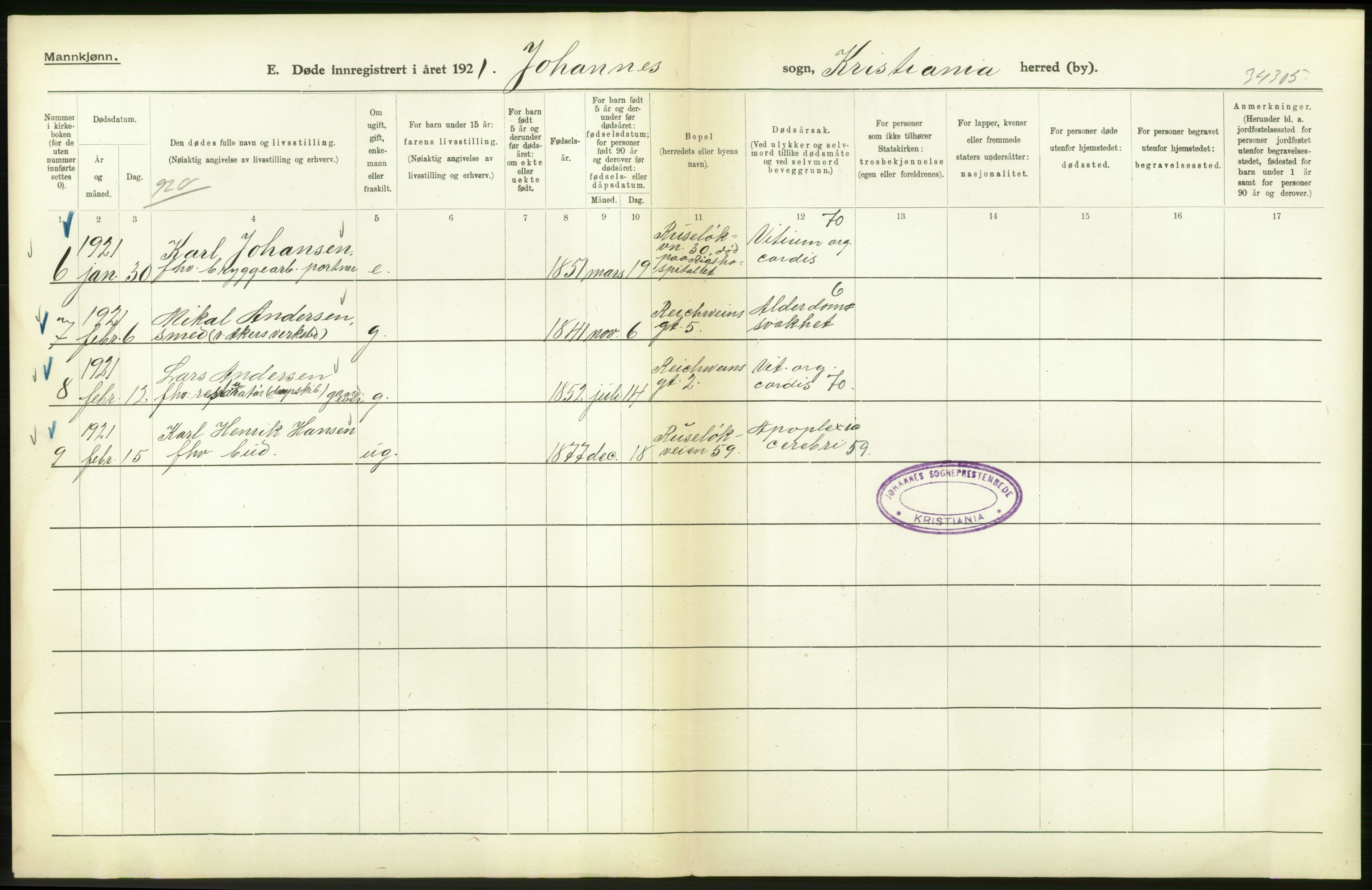 Statistisk sentralbyrå, Sosiodemografiske emner, Befolkning, AV/RA-S-2228/D/Df/Dfc/Dfca/L0012: Kristiania: Døde, 1921, p. 538