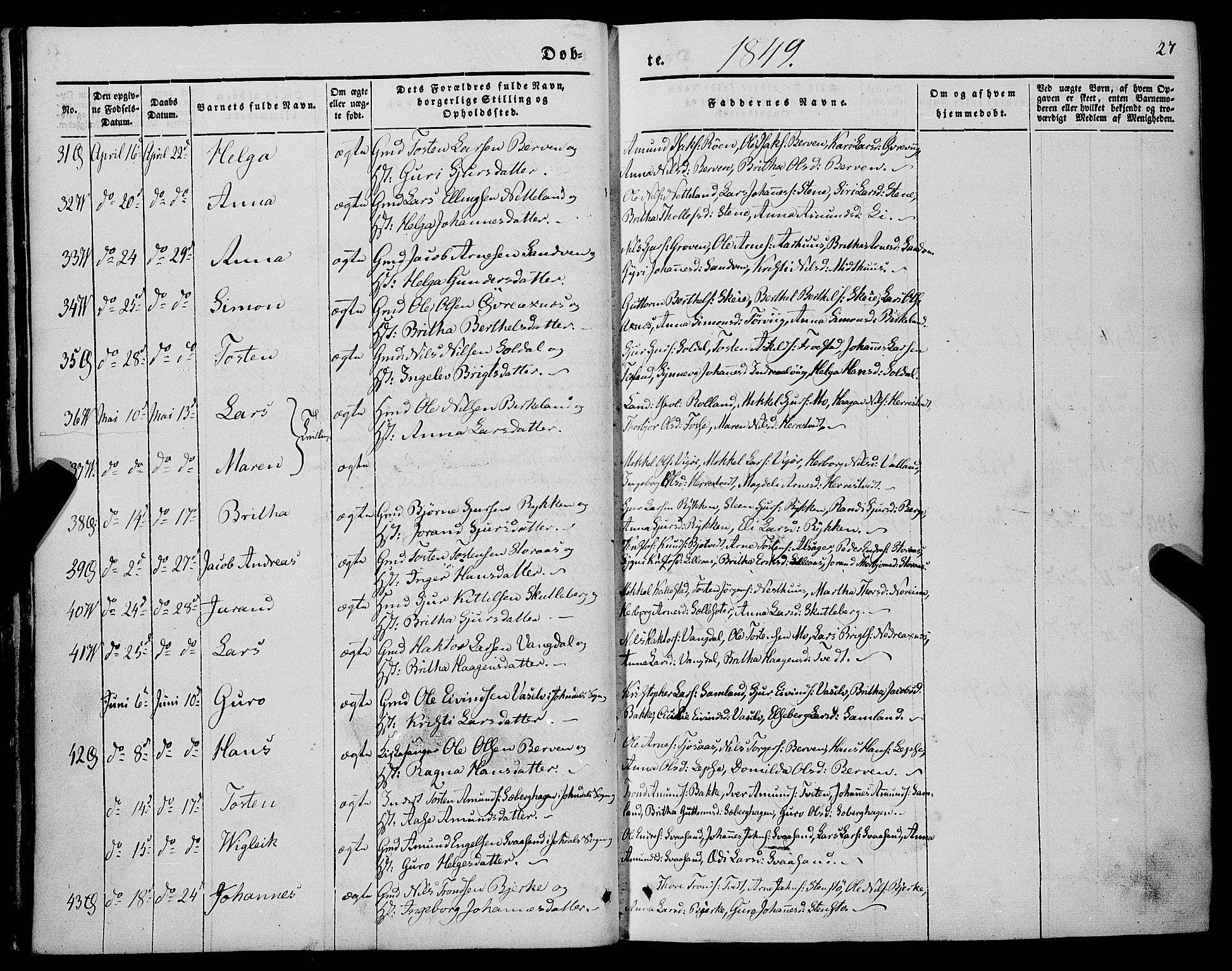 Kvam sokneprestembete, AV/SAB-A-76201/H/Haa: Parish register (official) no. A 8, 1844-1863, p. 27