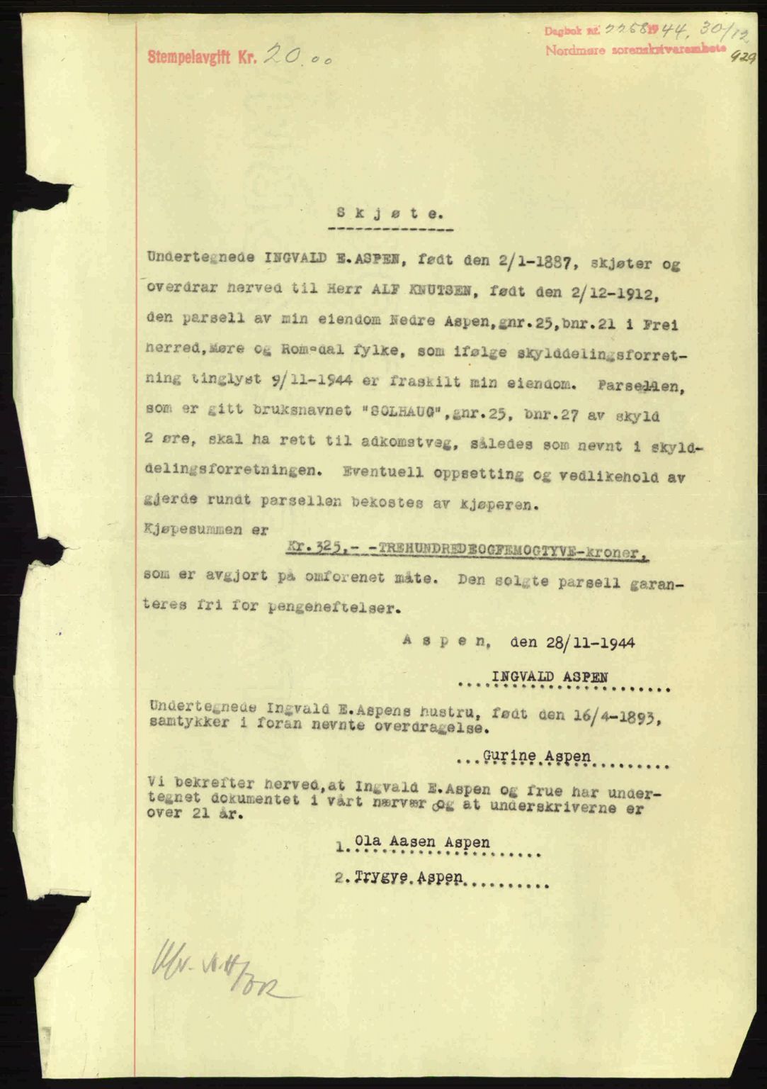 Nordmøre sorenskriveri, AV/SAT-A-4132/1/2/2Ca: Mortgage book no. A98, 1944-1944, Diary no: : 2258/1944