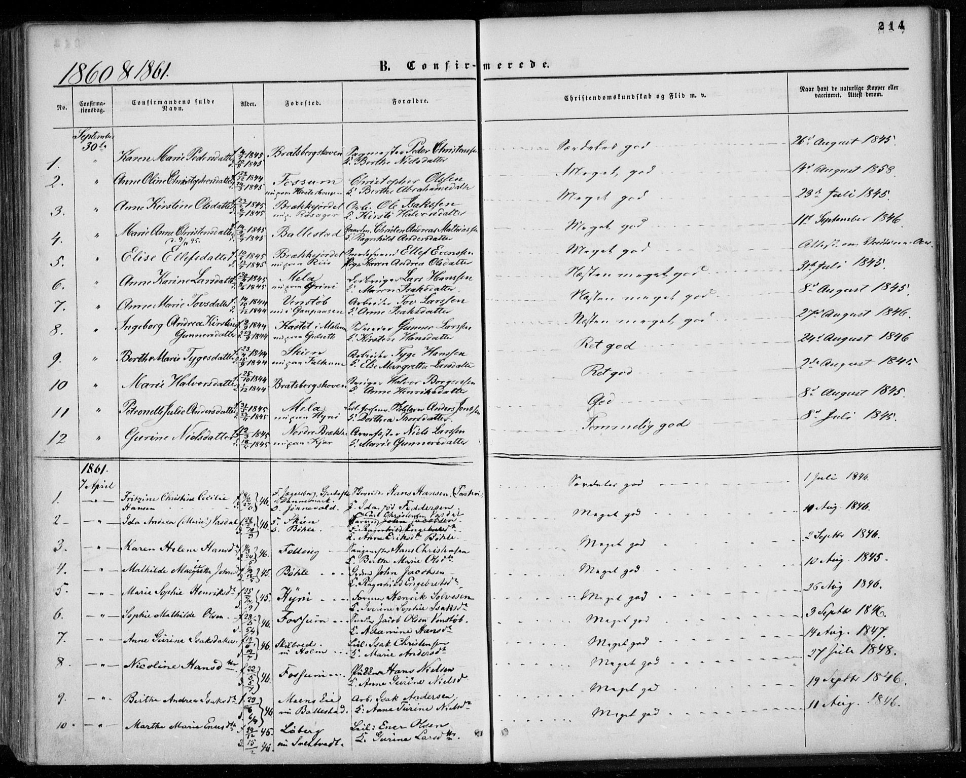 Gjerpen kirkebøker, SAKO/A-265/F/Fa/L0008a: Parish register (official) no. I 8A, 1857-1871, p. 214
