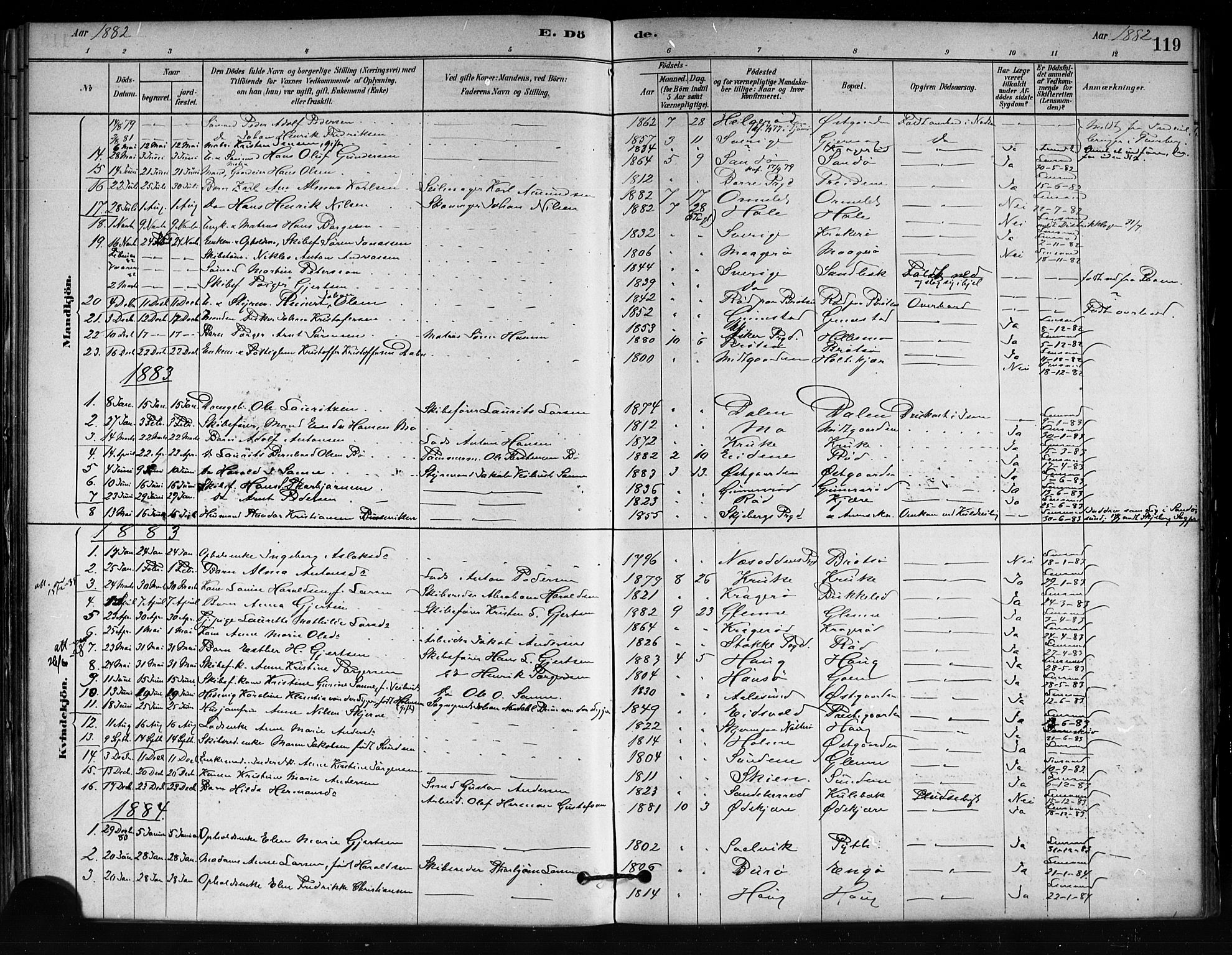 Tjøme kirkebøker, AV/SAKO-A-328/F/Fa/L0001: Parish register (official) no. I 1, 1879-1890, p. 119