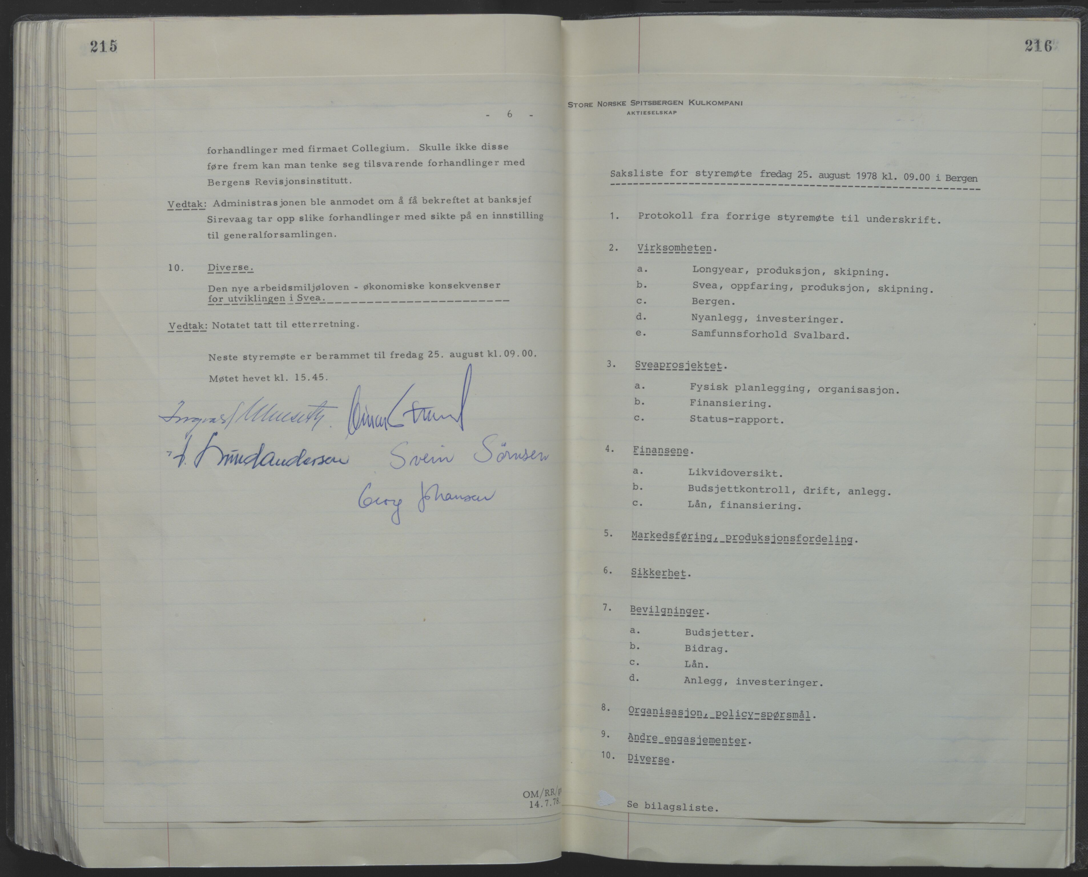 Store Norske Spitsbergen Kulkompani A/S, AV/SATØ-P-0073/09/A/Ab/Aba/L0001: Styreprotokoll 6, 1970-1979, p. 215-216