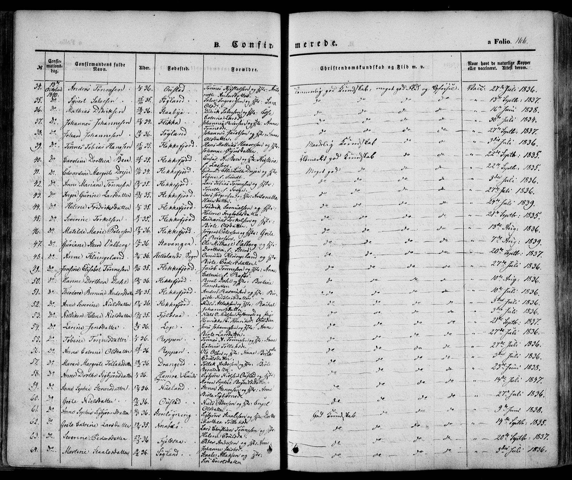 Flekkefjord sokneprestkontor, SAK/1111-0012/F/Fa/Fac/L0005: Parish register (official) no. A 5, 1849-1875, p. 166