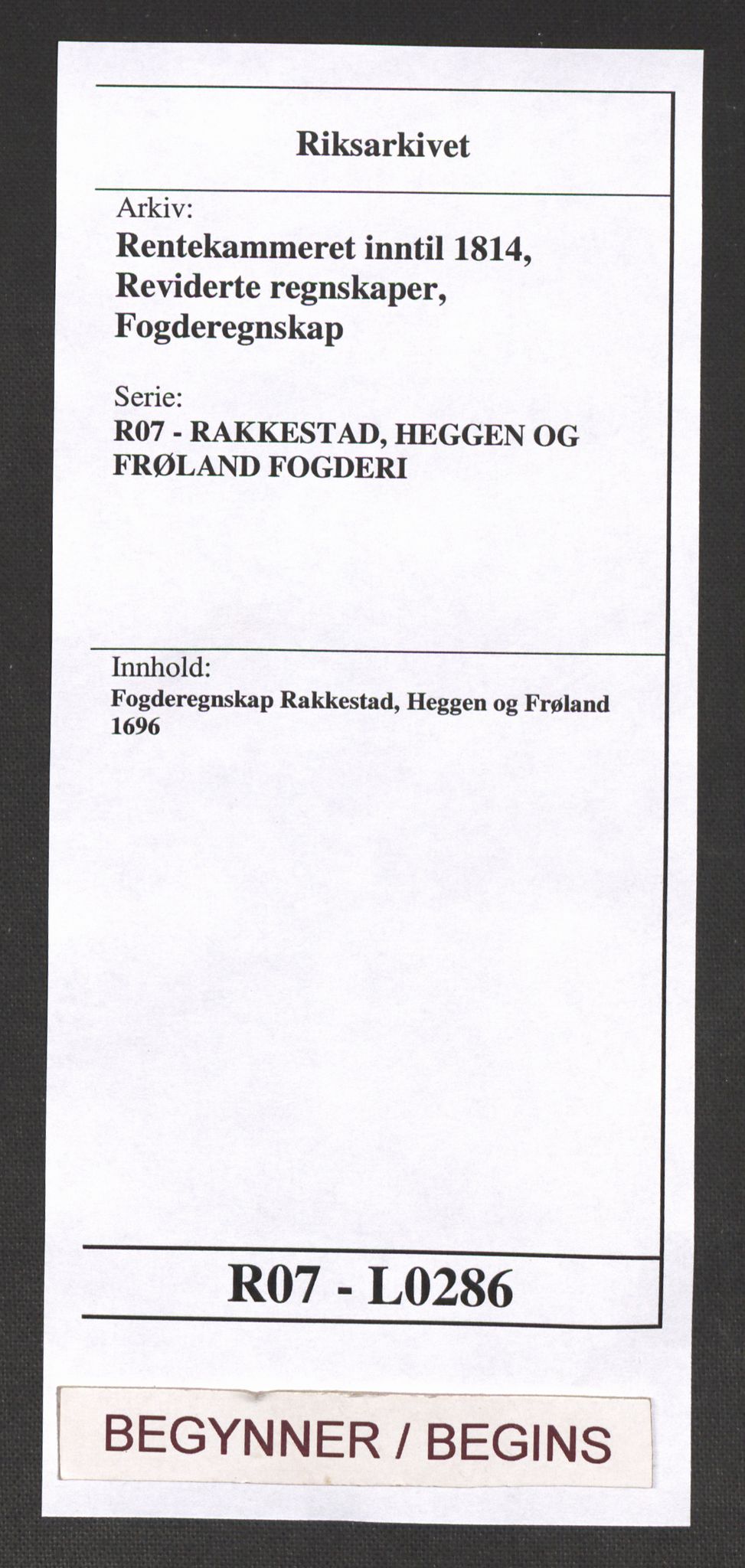 Rentekammeret inntil 1814, Reviderte regnskaper, Fogderegnskap, RA/EA-4092/R07/L0286: Fogderegnskap Rakkestad, Heggen og Frøland, 1696, p. 1