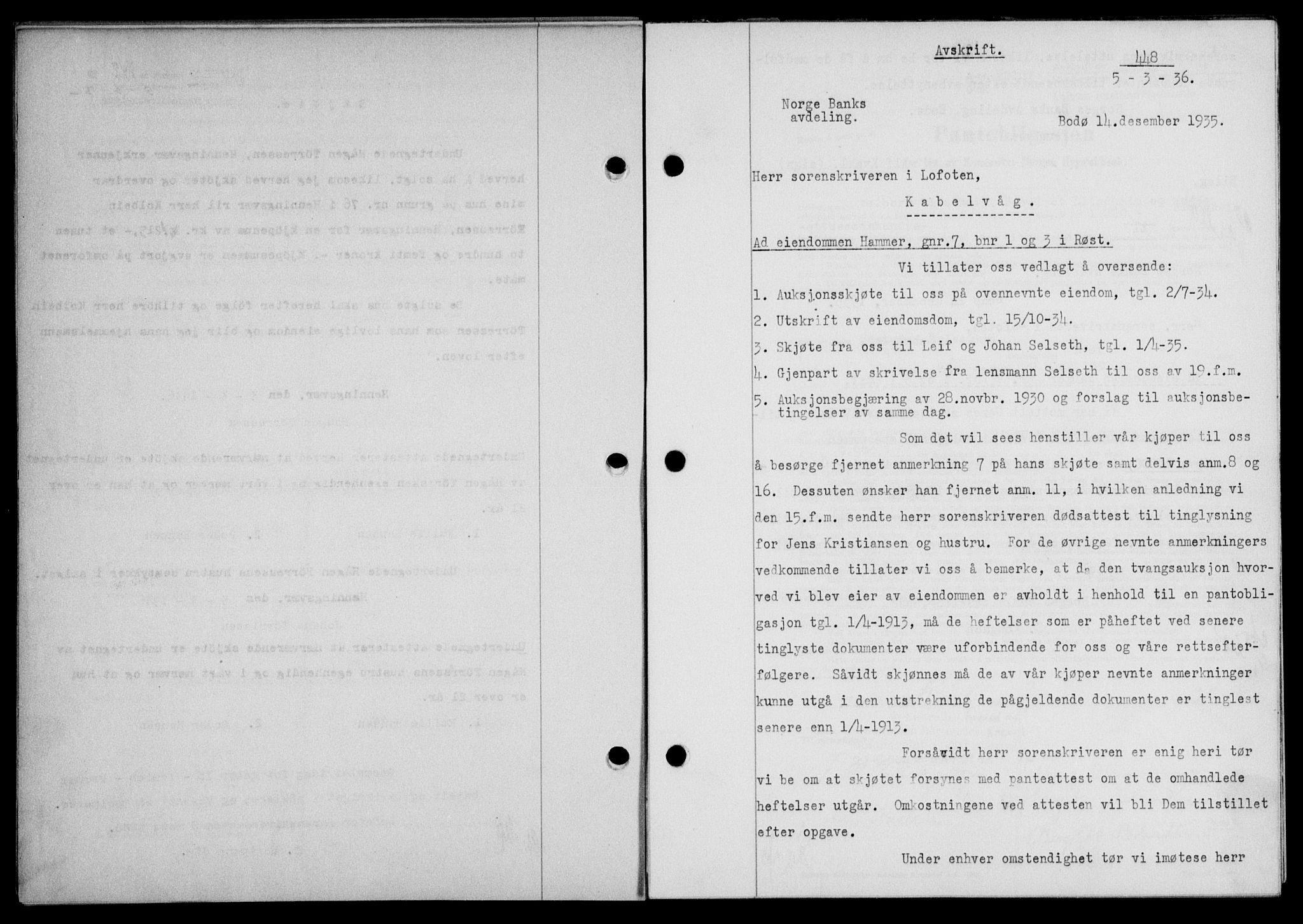 Lofoten sorenskriveri, SAT/A-0017/1/2/2C/L0033b: Mortgage book no. 33b, 1936-1936, Diary no: : 448/1936