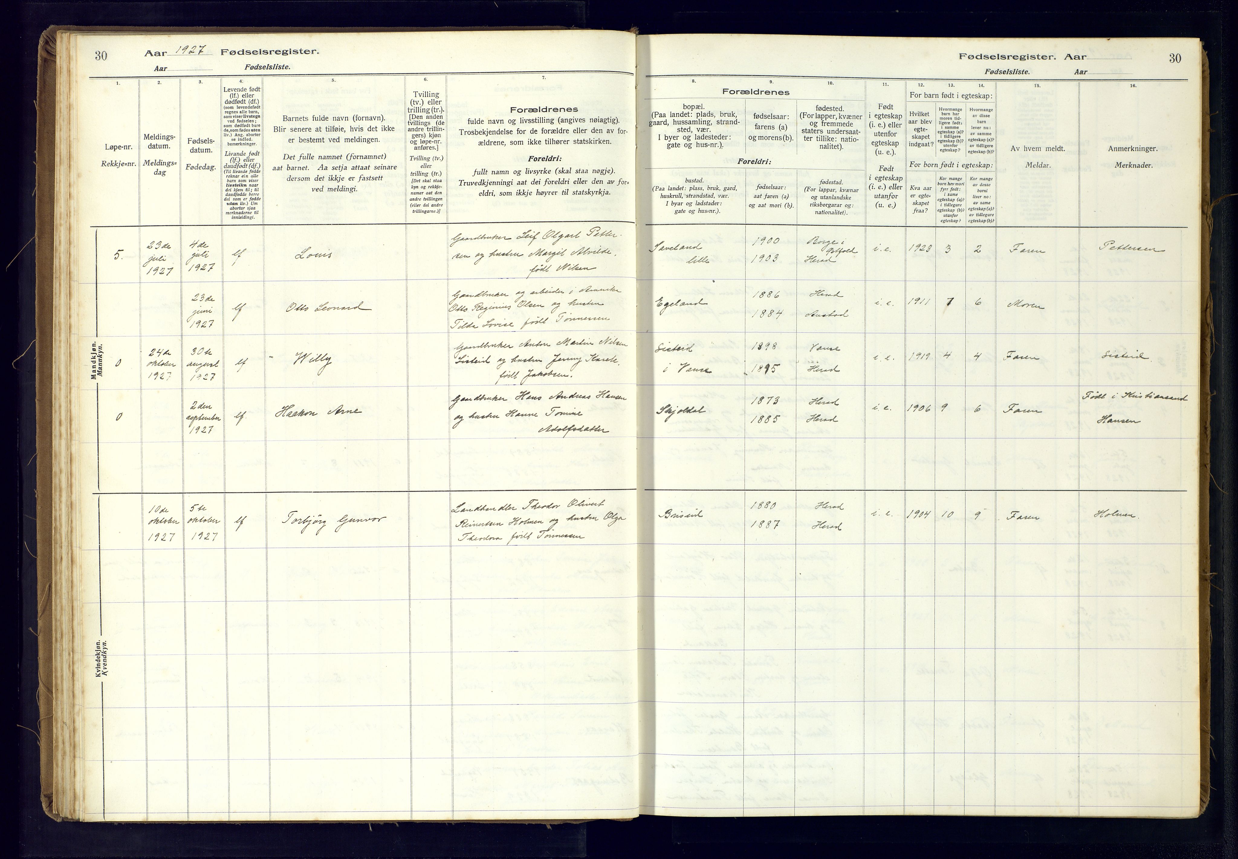 Herad sokneprestkontor, AV/SAK-1111-0018/J/Ja/L0001: Birth register no. A-VI-12, 1916-1981, p. 30