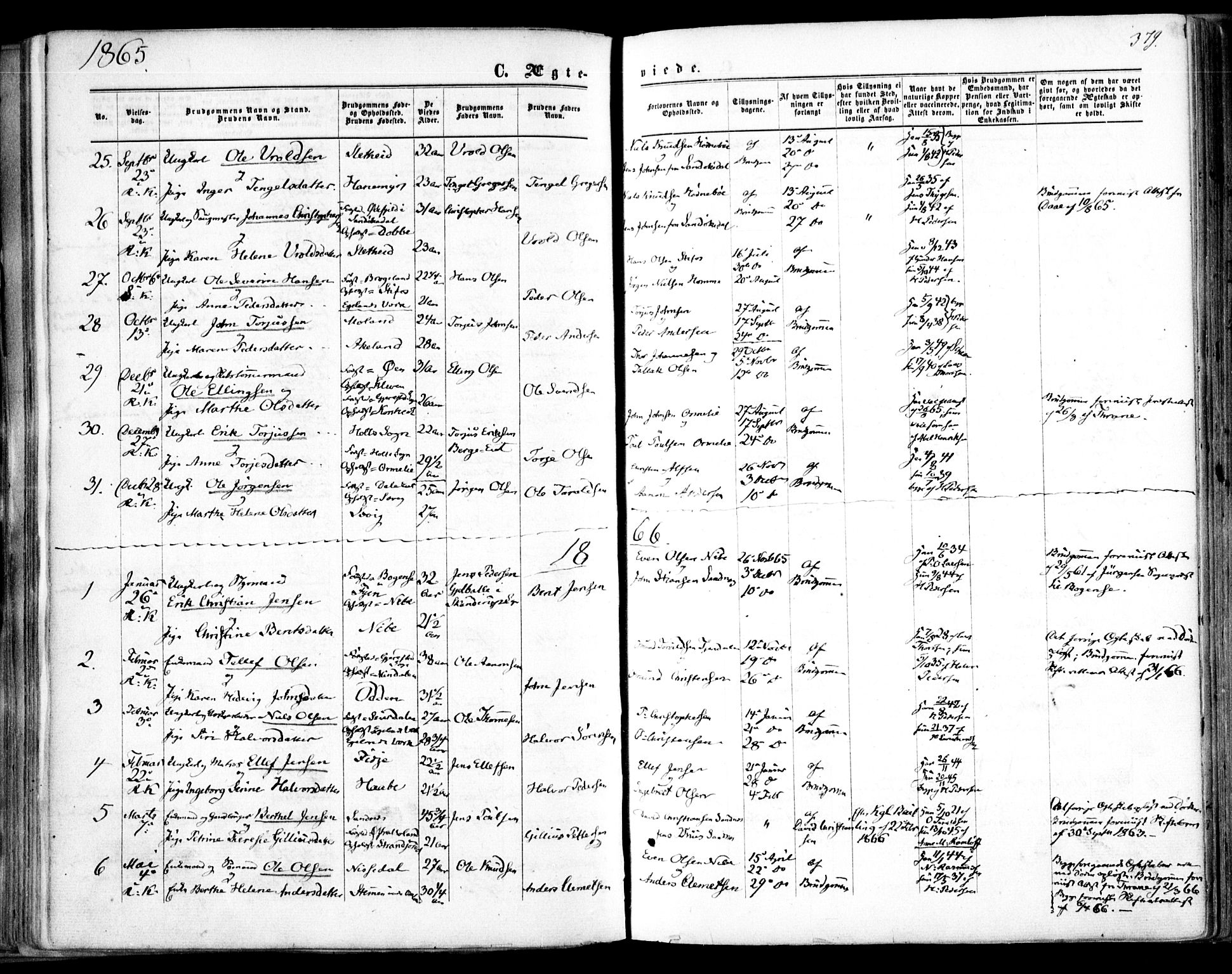 Søndeled sokneprestkontor, AV/SAK-1111-0038/F/Fa/L0003: Parish register (official) no. A 3, 1861-1879, p. 379