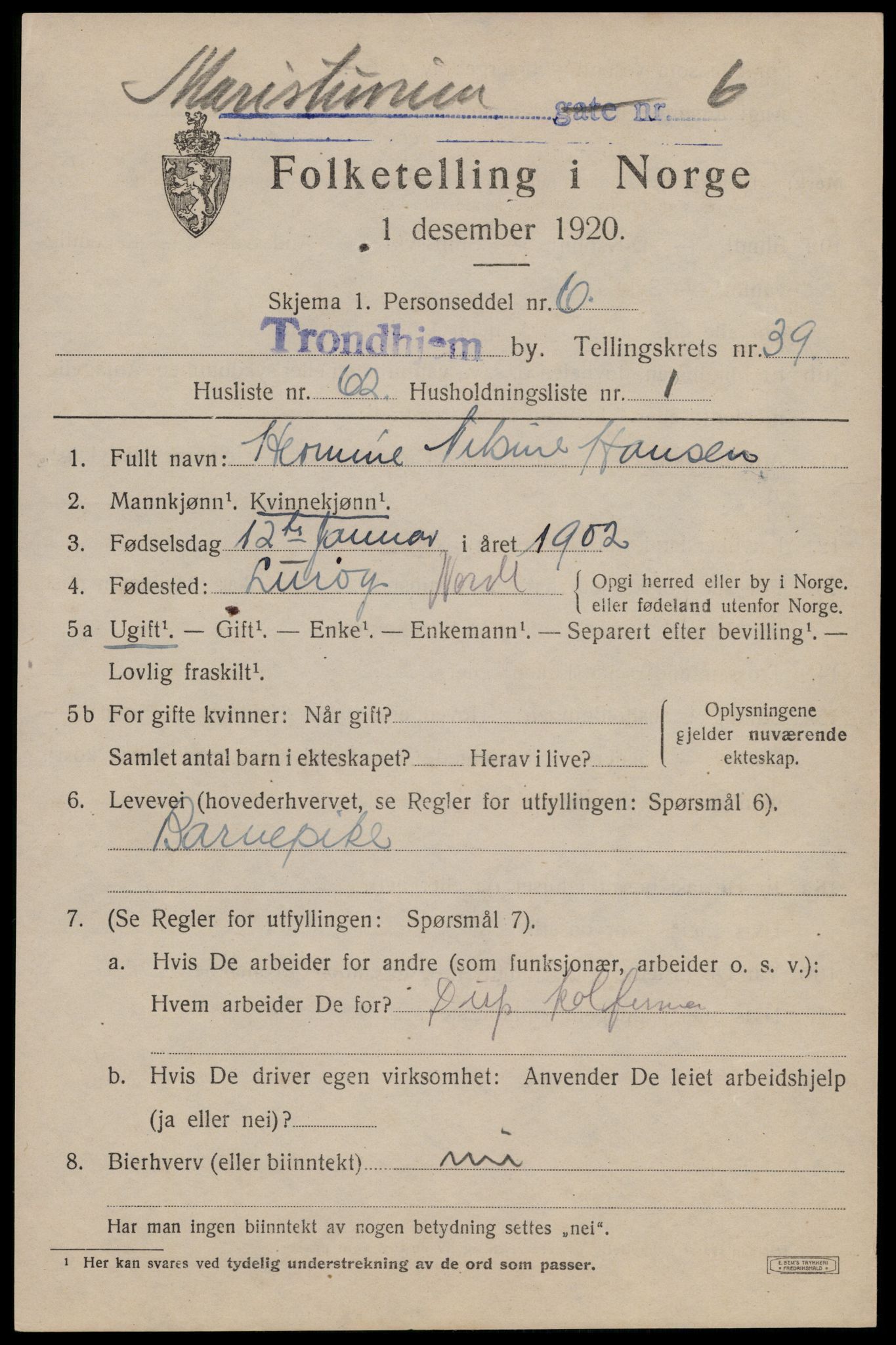 SAT, 1920 census for Trondheim, 1920, p. 89402