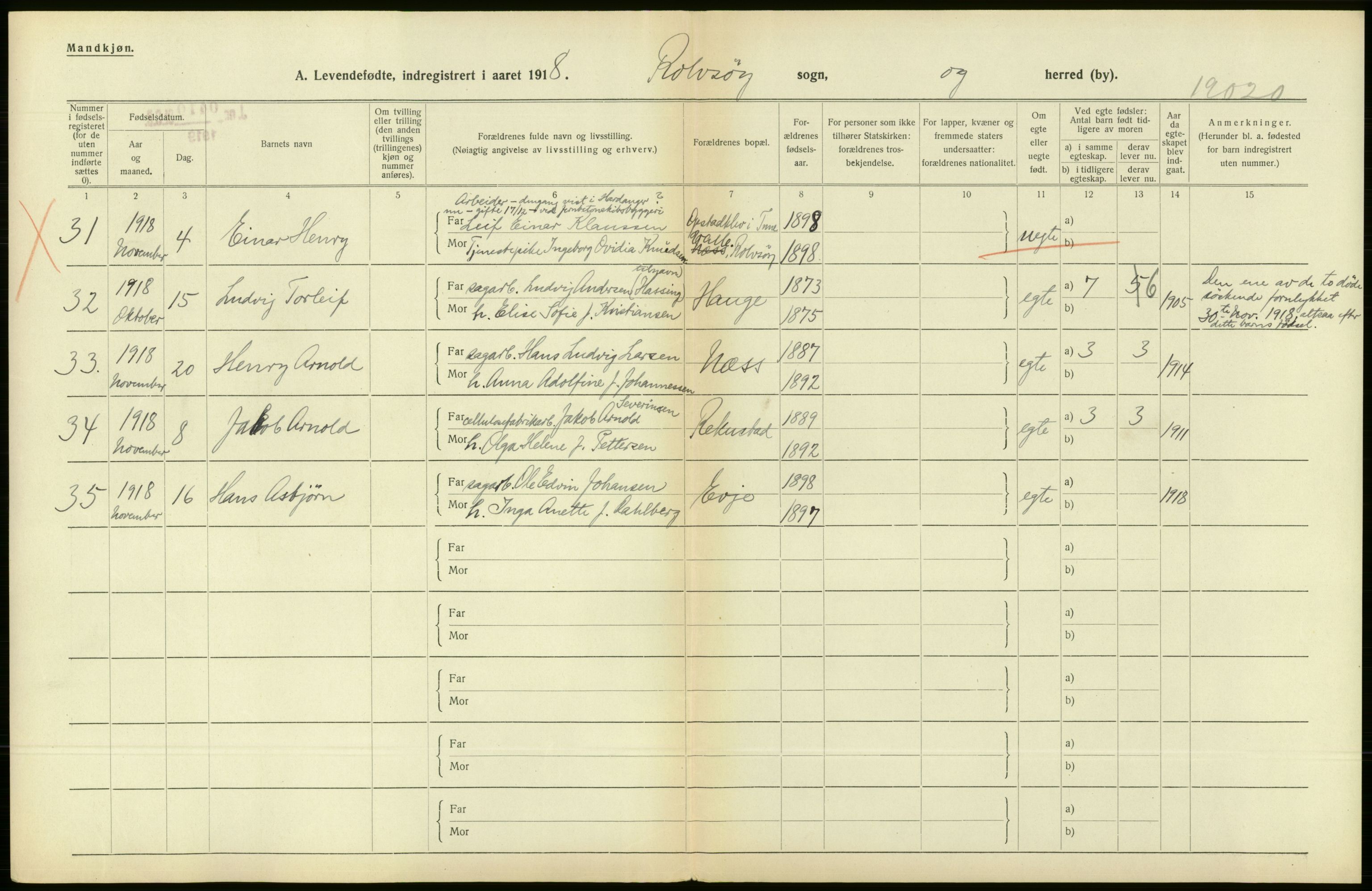 Statistisk sentralbyrå, Sosiodemografiske emner, Befolkning, RA/S-2228/D/Df/Dfb/Dfbh/L0001: Østfold fylke: Levendefødte menn og kvinner. Bygder., 1918, p. 114